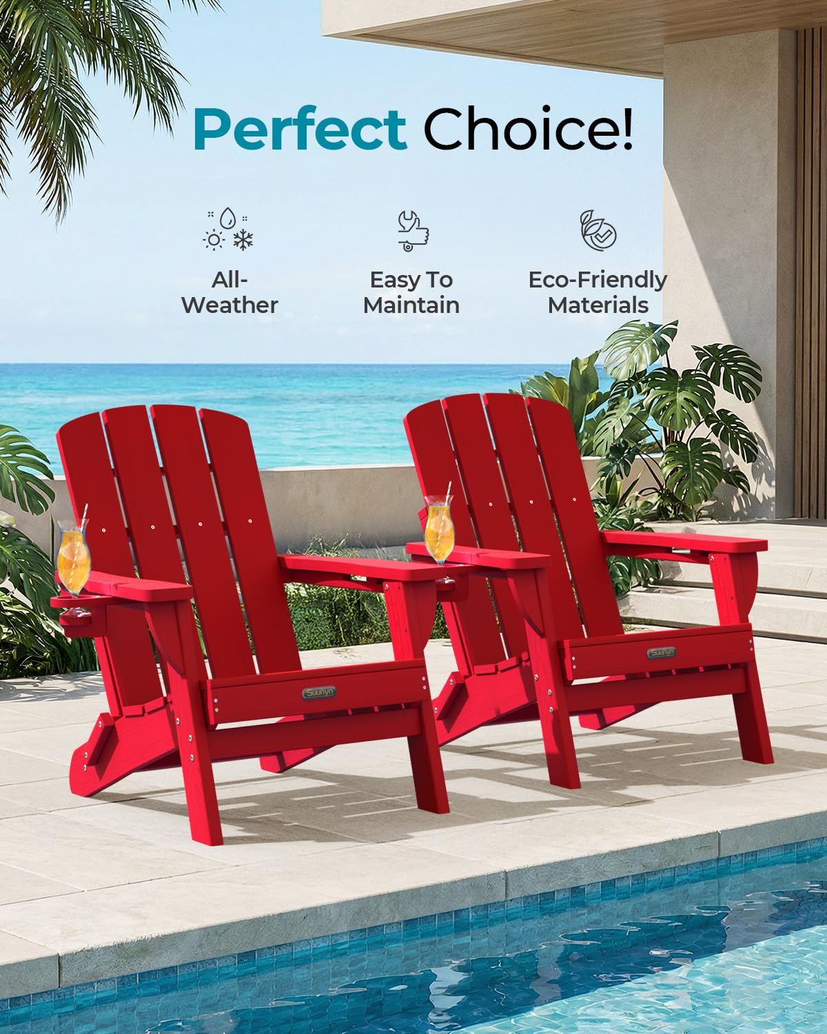 SUUNYN Folding Adirondack Chair, HDPE Adirondack Chairs with 2 Cup Holder, Plastic All-Weather Fire Pit Chairs, Outdoor Lawn Chair for Patio Garden (Red)