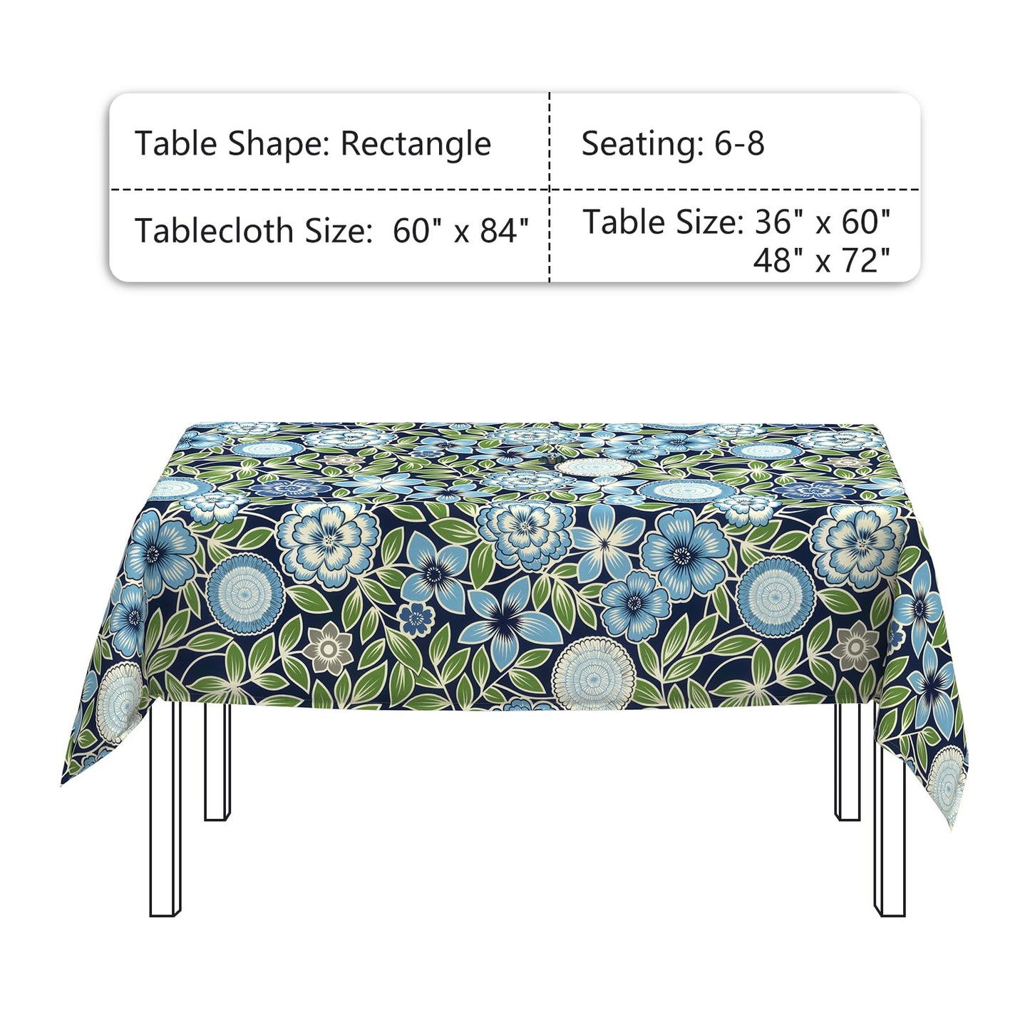 LVTXIII Rectangle Outdoor Tablecloth with Umbrella Hole and Zipper, Water-Repellent 60 x 84 Inch Patio Table Cover for Picnic, Garden, Backyard Dining, Botanical Blues