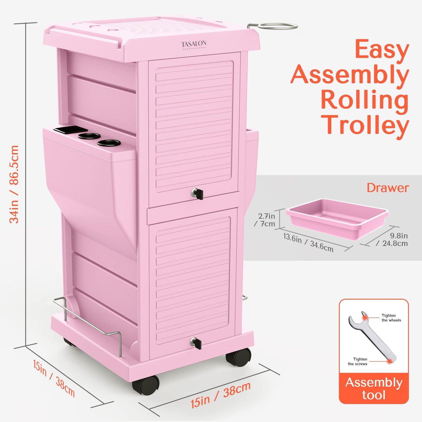 TASALON Professional Salon Trolley Cart, Lockable 6 Trays & 2 Holders, Space Saving Mobile Storage for Hair Salon and Beauty Station - Pink