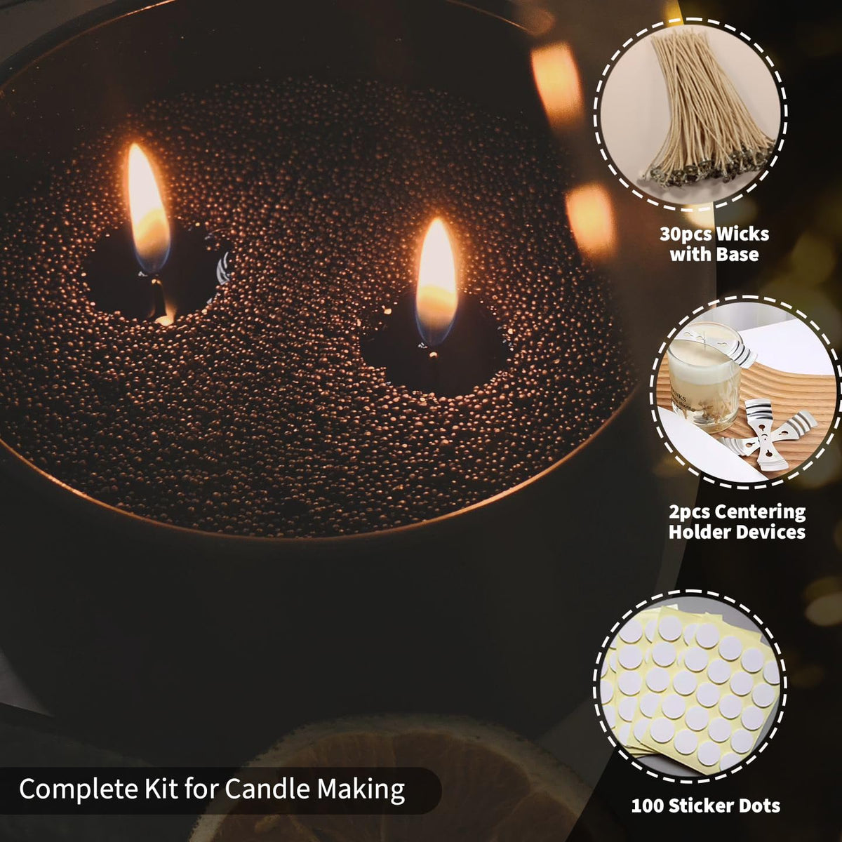 NICEME Customized Powder Candle Making Kit, 11Lb/ 5kg Refillable Beaded Wax Sand All Natural Reusable DIY Pearled Candle Self Extinguish w/ 200 Wicks & 200 Stickers & 2 Centering Devices