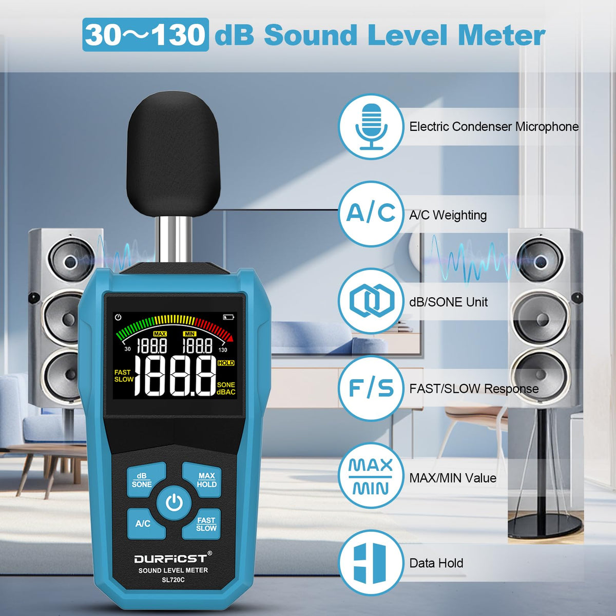 Decibel Meter, DURFICST Sound Level Meter with LCD Color Screen, 30-130dB SPL Meter with A/C Weighting, Data Hold, MAX/MIN,dB/SONE Unit,FAST/SLOW Response,for Home, Office, Factory, Noisy Neighbors