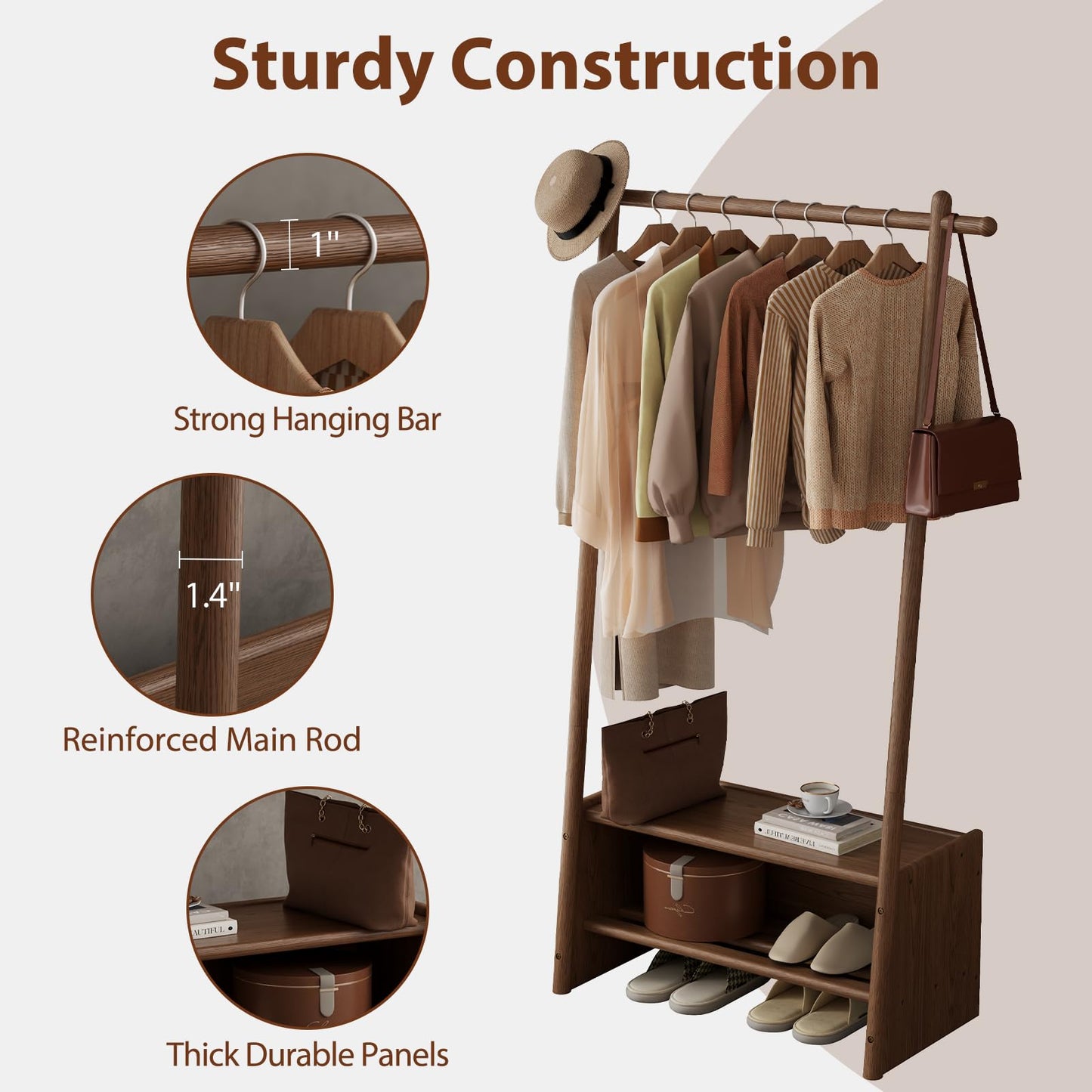 DONGMUWUJEE Solid Wood Clothing Rack with Shelves, Clothes Racks for Hanging Clothes, Hanging Rack with Shoe Storage, Heavy Duty Garment Rack for Bedroom, Entryway, Living Room, Walnut