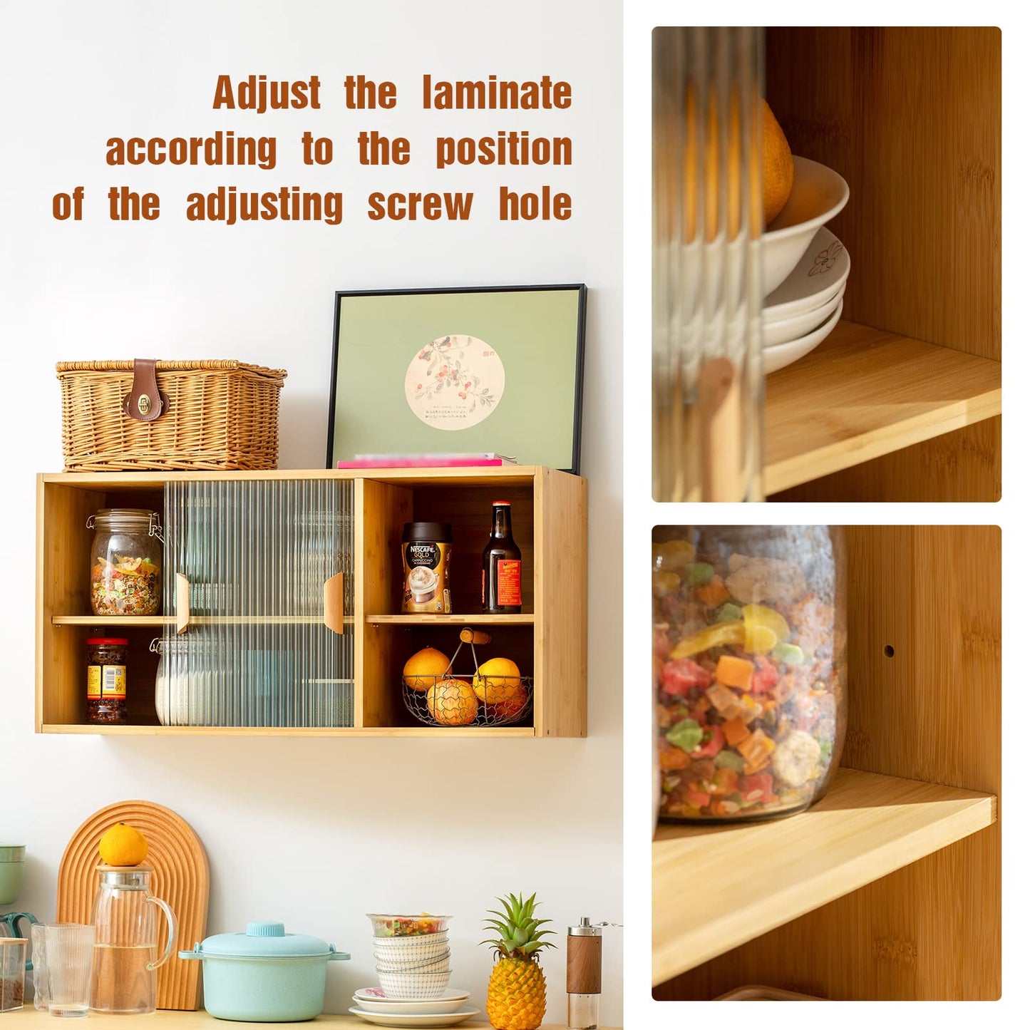 HollyHOME Bamboo Wall Mounted Kitchen Pantry Sideboard with 2 Doors and Adjustable Shelves, Freestanding Wall Storage Cabinet with Shelf for Bottle, Dish, Bowl, Console Dining Cupboard, Burlywood