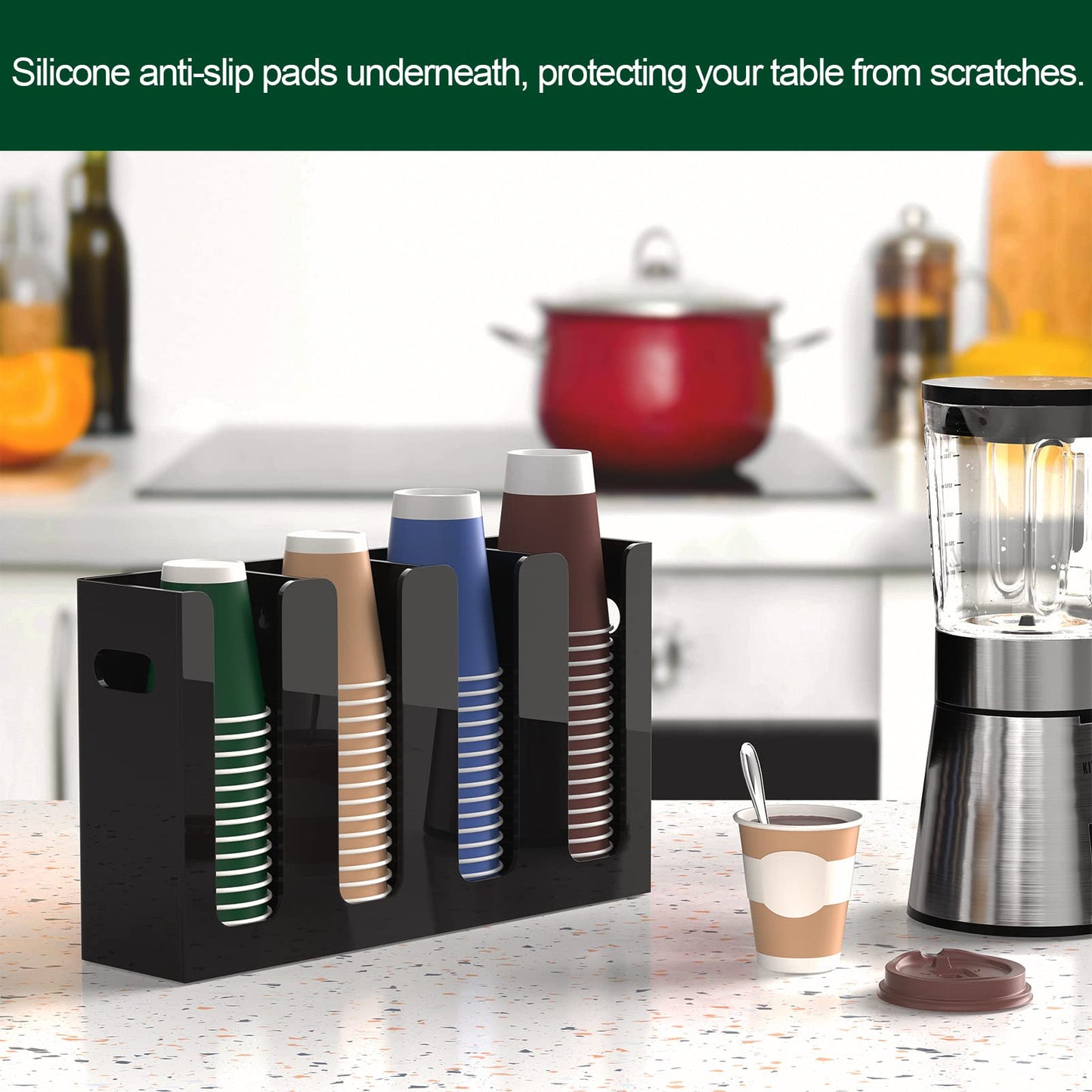 BOSSCASA Disposable Coffee Cup Dispenser with Handles, Countertop or Wall Mount Hot/Cold Drink Cup and Lid Holder - Bathroom/Kitchen/Office Acrylic Cup Lid Storage Organizer (4 Compartments, Black)