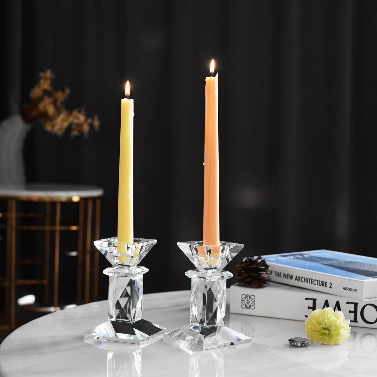 Marvala Crystal Candle Holders Set of 2, Double-Sided Design for Tea Lights & Taper Candles, Decorative Lighting Centerpiece for Home Decor, Wedding, Gift (Holiday, Birthday, Housewarming)