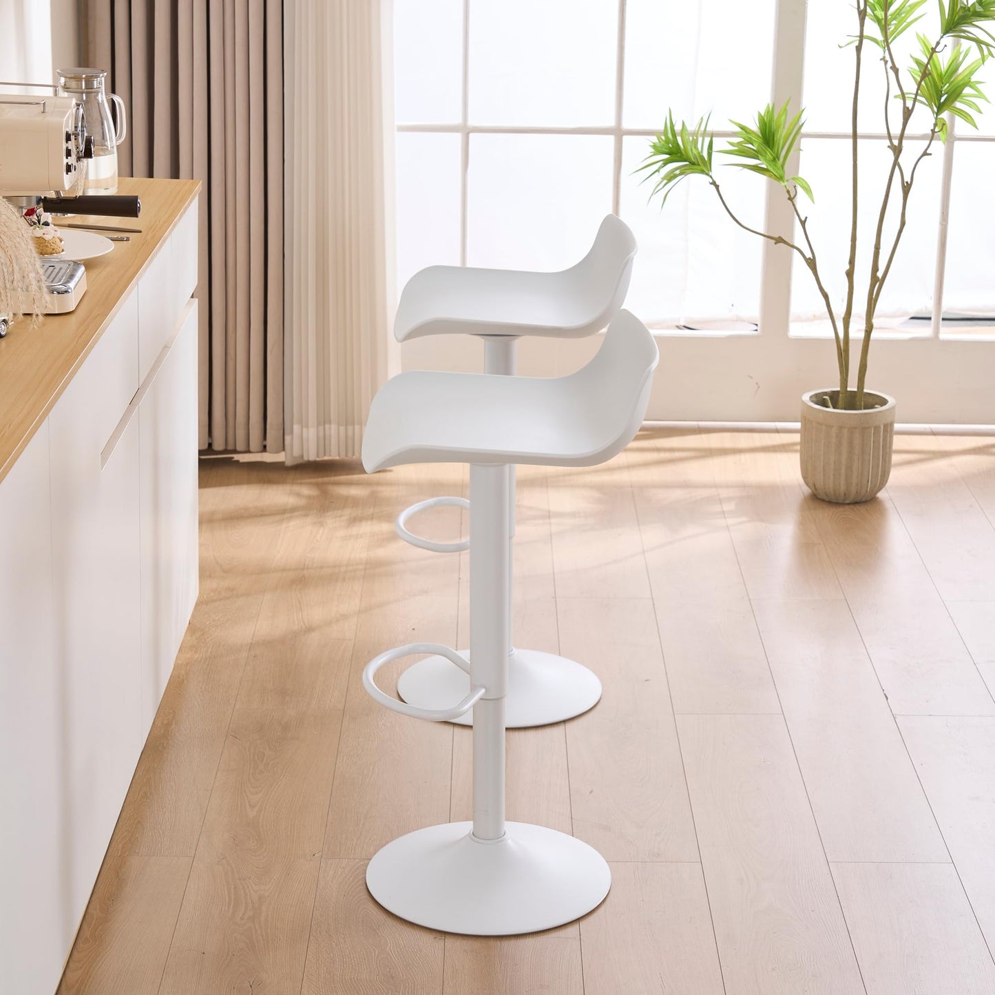 YOUNIKE White Adjustable Height Bar Stools Set of 2 Plastic Swivel Barstool with Low Back Modern Kitchen Counter Island Bar Chairs for Breakfast Nook Cafe Bars Office