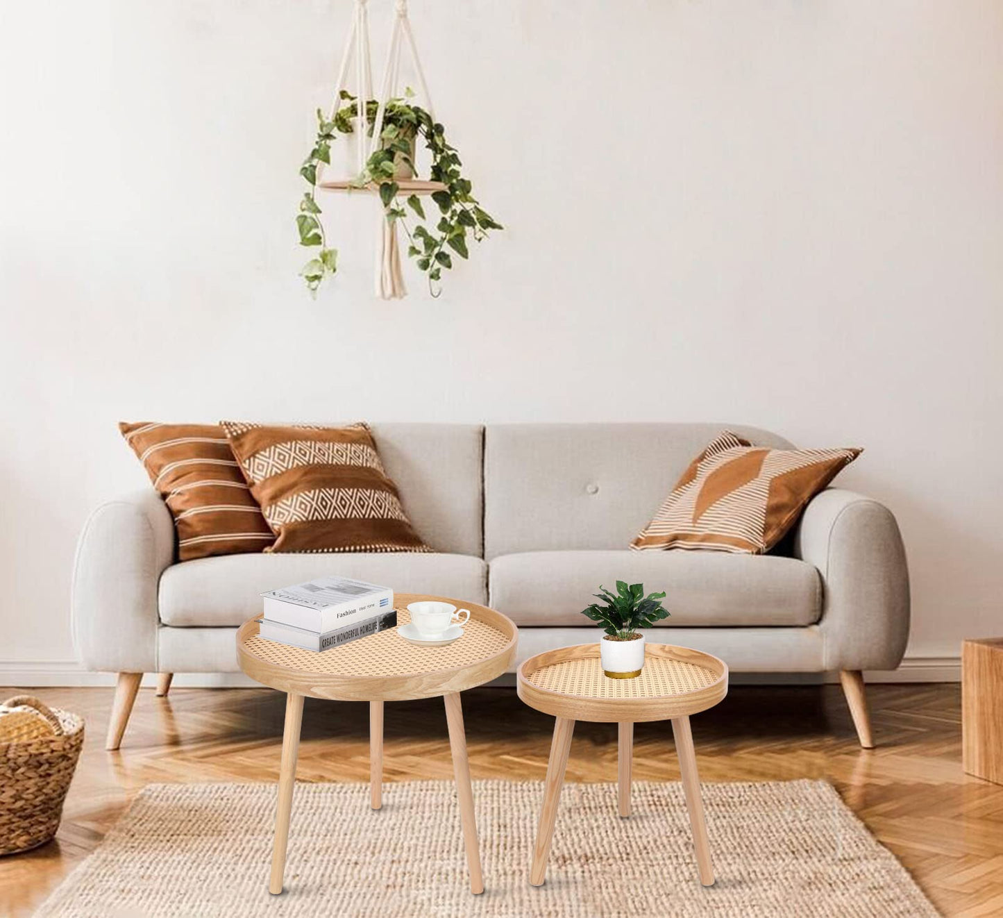 Round Coffee Table Set of 2, Natural Boho Coffee Tables, Small Mid Century Modern Rattan Coffee Table, Boho Side Table End Tables for Living Room Bedroom Office