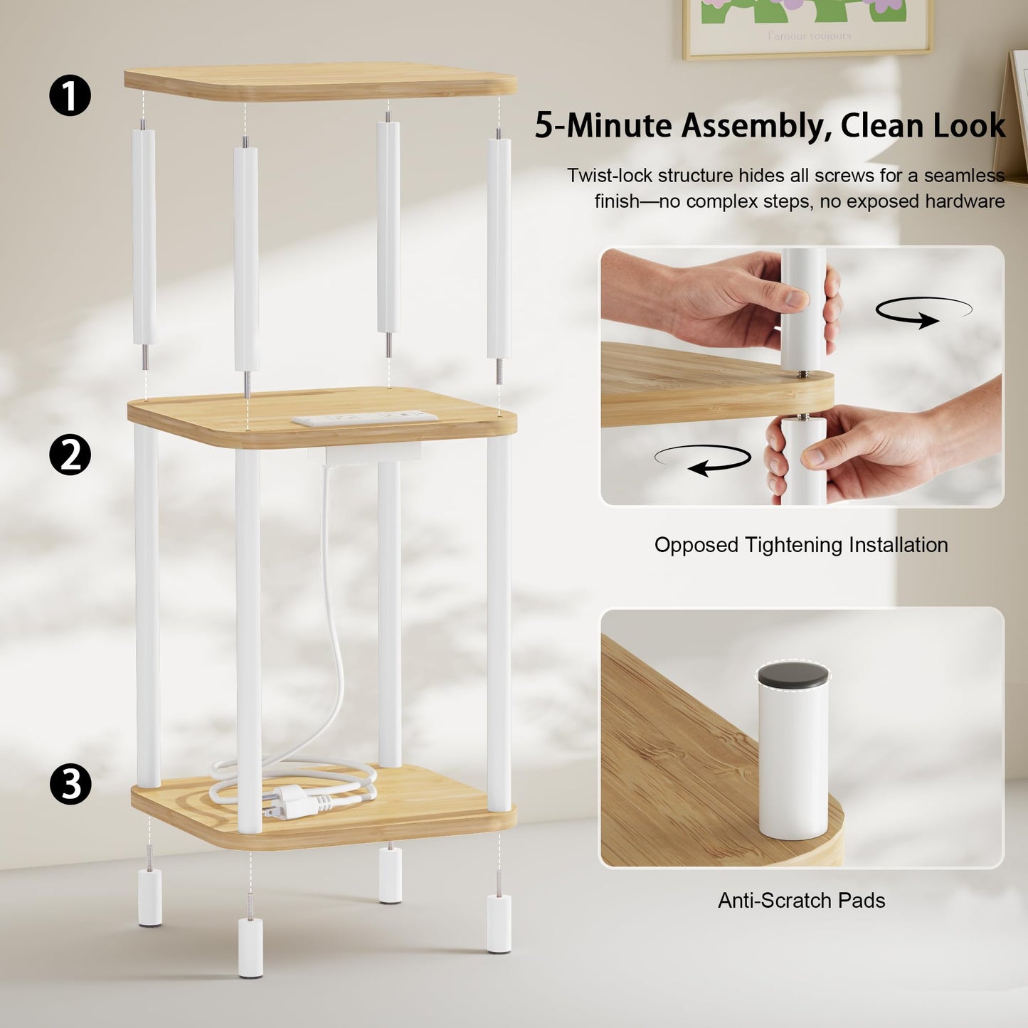 SANLUCE Bamboo End Table with Charging Station, Side Table for Small Space, Small Table Stand, Narrow Wooden Bedside Table Nightstand with Shelves, for Nursery, Living Room, Bedroom, Natural and White
