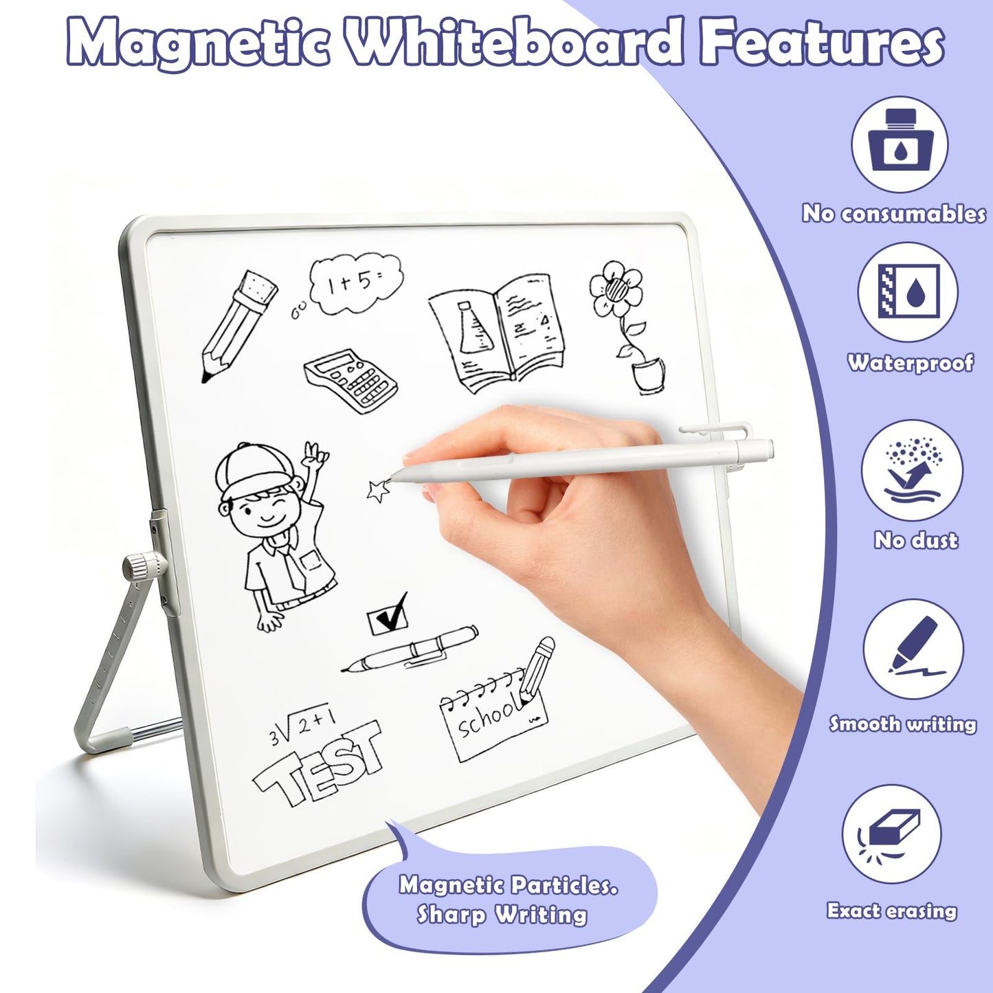 Pbooo Dry Erase White Board 15x17.5 Inches with Magnetic Pen (No Ink Needed) & Felt Eraser, Portable Desktop Whiteboard with Stand for Office, Home, School, Kids Drawing
