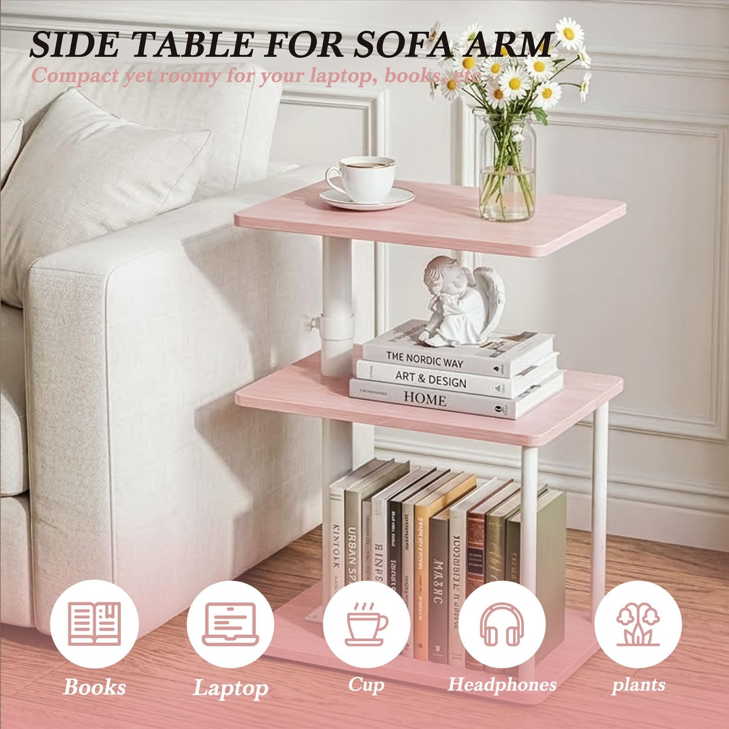 Faesun Swivel Side Table for Couch Arm, Adjustable C End Table for Recliner or Bed, Tv Trays with Storage Shelf for Small Spaces Small Nightstand Table for Living Room, Bedroom，Pink