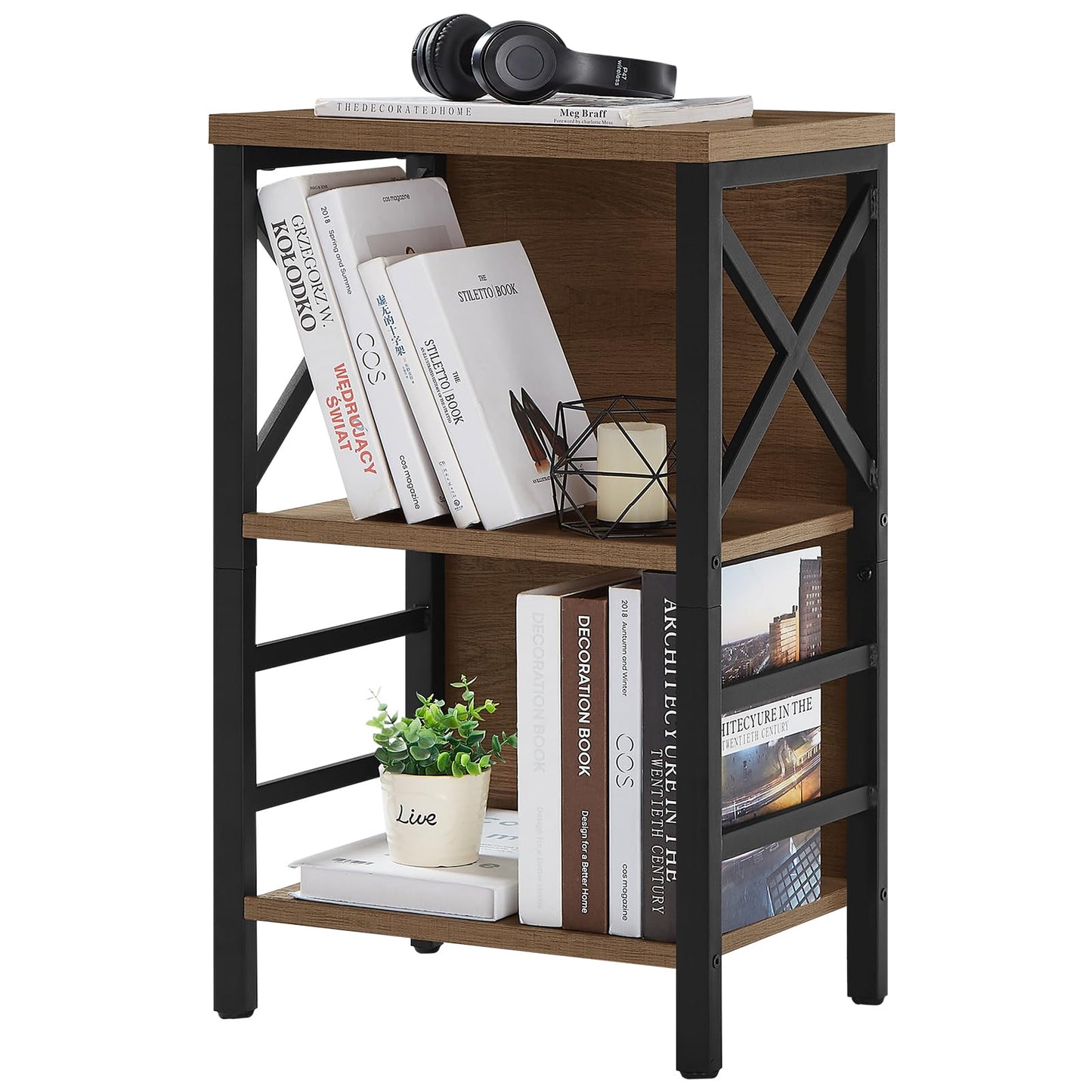 MNEETRUNG Small Bookshelf, 3 Tier Industrial Shelf with Metal Frame and Backboard, Low Rustic Brown Book Shelf, Small Bookcase for Small Spaces,Bookshelf for Living Room, Bedroom & Home Office