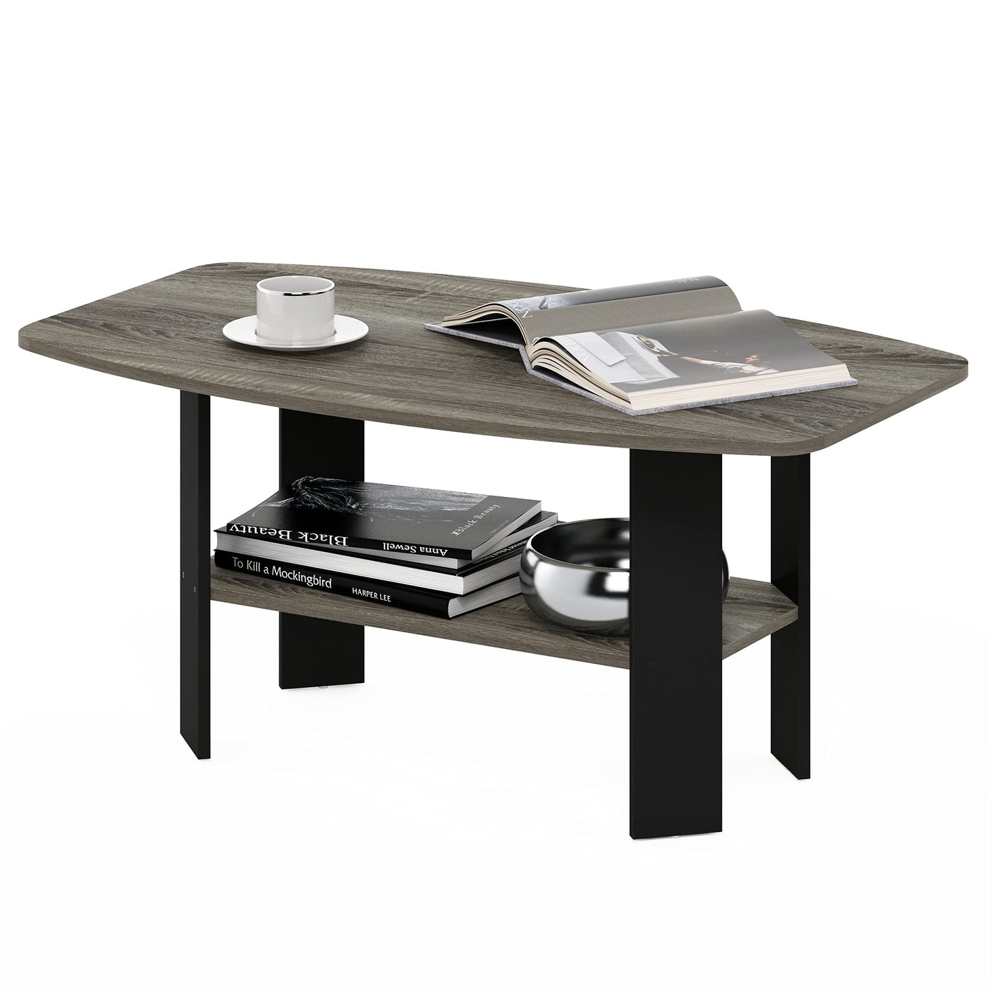 Furinno Simple Coffee Table, 2-Tier Small Coffee Table wih Open Shelf, Side Table, Tabletop with Soft Edges, for Living Room, Home Office, Grey Oak