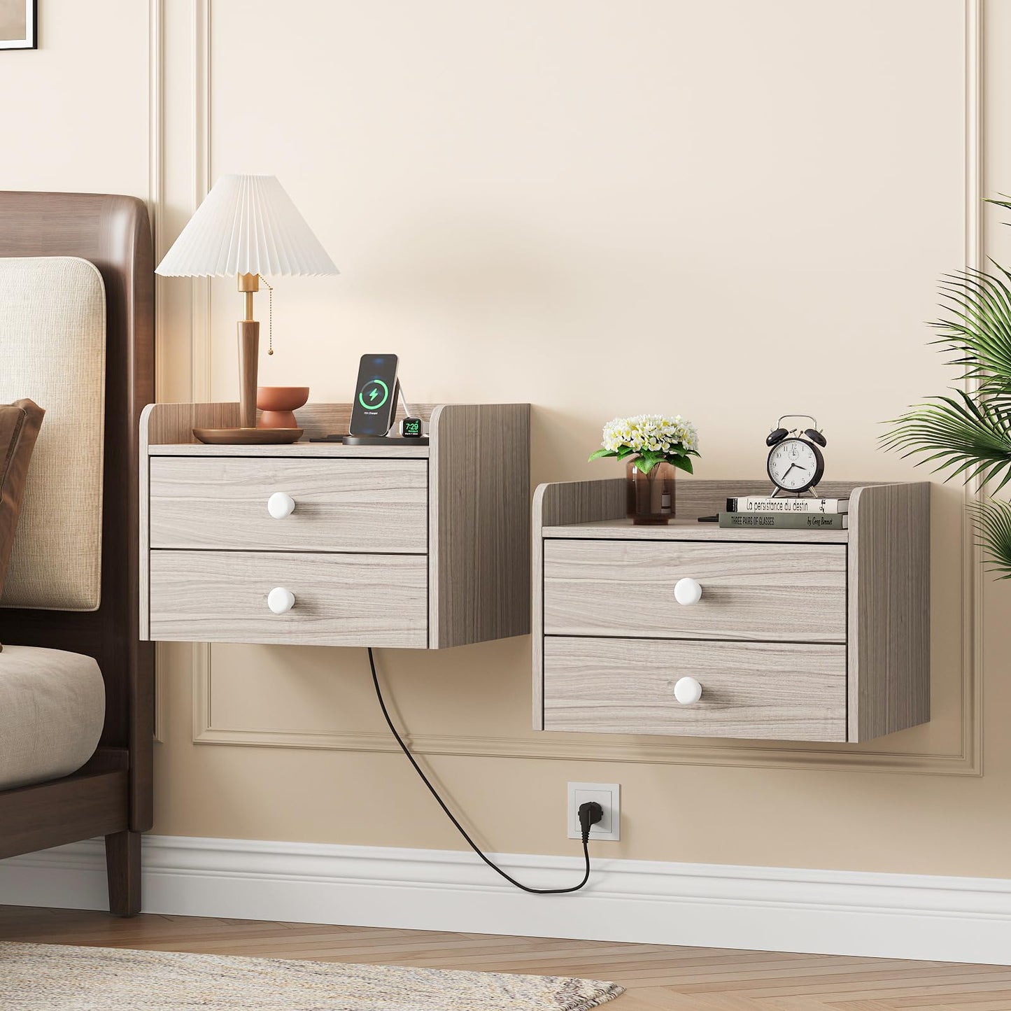 Vabches Floating Nightstand Set of 2 with 2 Storage Drawers and Charging Station Wood Wall Mounted Bedside End Table Modern Night Stands Set 2 for Bedroom,Small Space,Grey