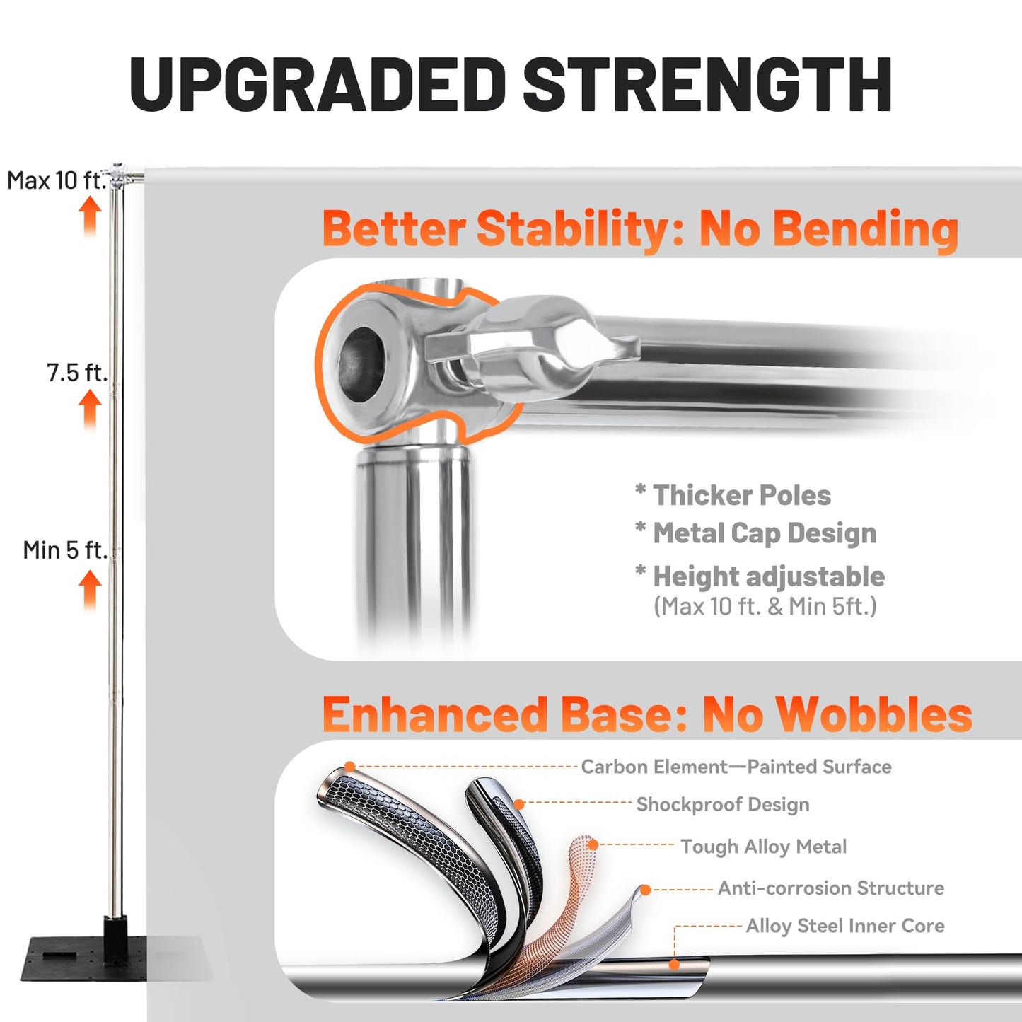 Heavy Duty Pipe and Drape Frame Kit 10x10ft Adjustable Height/Width Photography Background Support Poles All-Metal Construction Backdrop Stand for Party, Birthday, Wedding - Silver