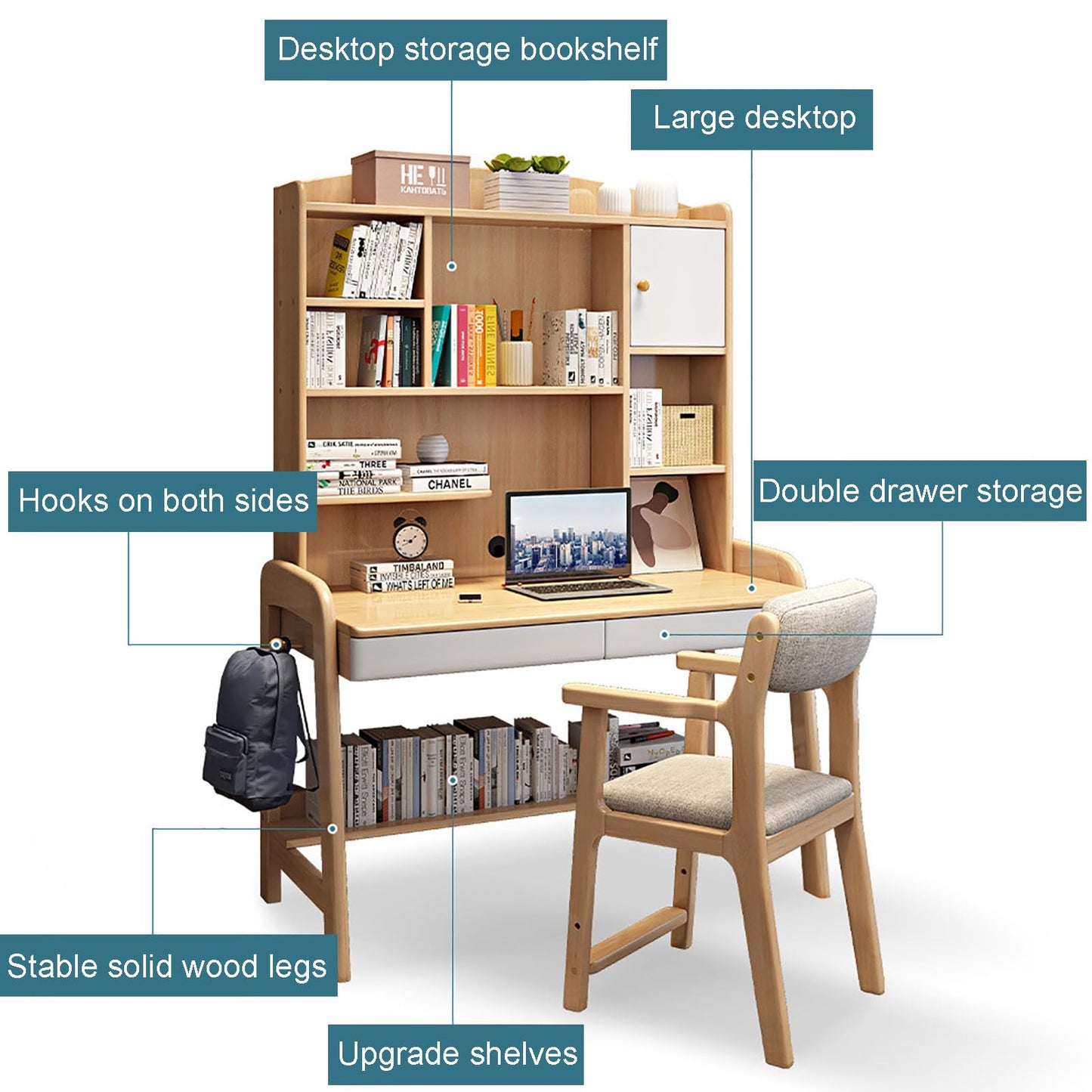 Study Desk Table with Hutch & Bookshelf & Drawers,Solid Wood Chi-*ld*ren Computer Desk Office Desk,Height Adjustable Workstation Teen*AGER Writing Desk for Home School, 126x60x177cm(50x24x70in)