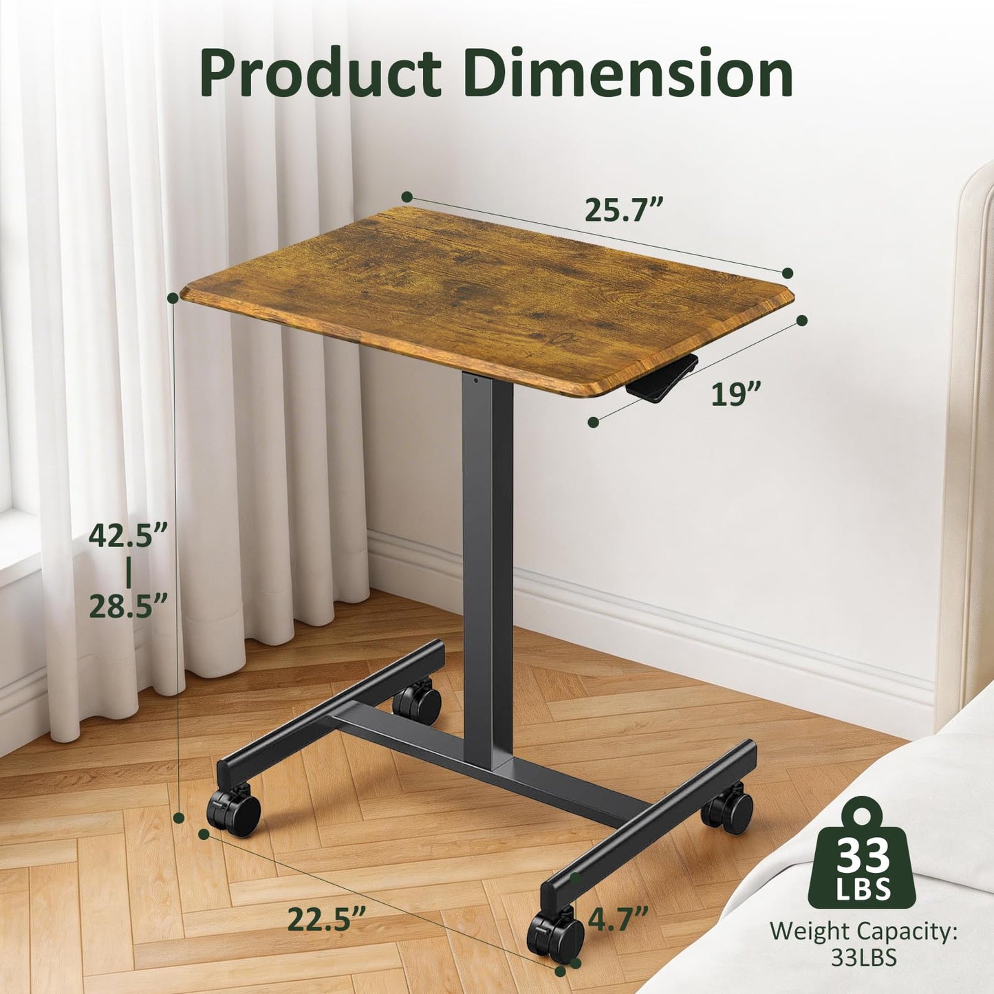 SageNest Adjustable Height Mobile Standing Desk with Lockable Casters, Rolling Sit Stand Laptop Computer Desk, Portable Compact Workstation for Home Office Dorm, Brown