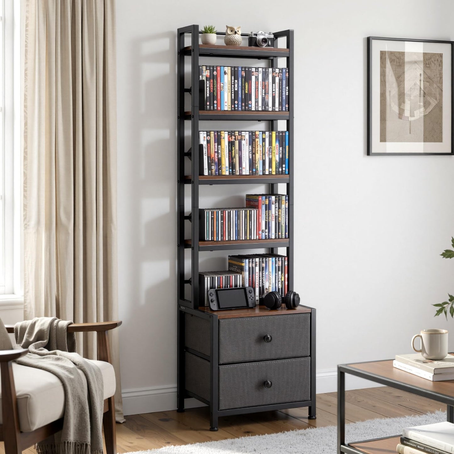 VEVOR Media Storage Cabinet, 4-Shelf DVD Shelf Organizer with Drawers, 15.75 x 11.81 x 56.50 in Multimedia Storage Organizer for CDs, DVDs, Books and Games, CD Cabinet for Living Room, Home Office