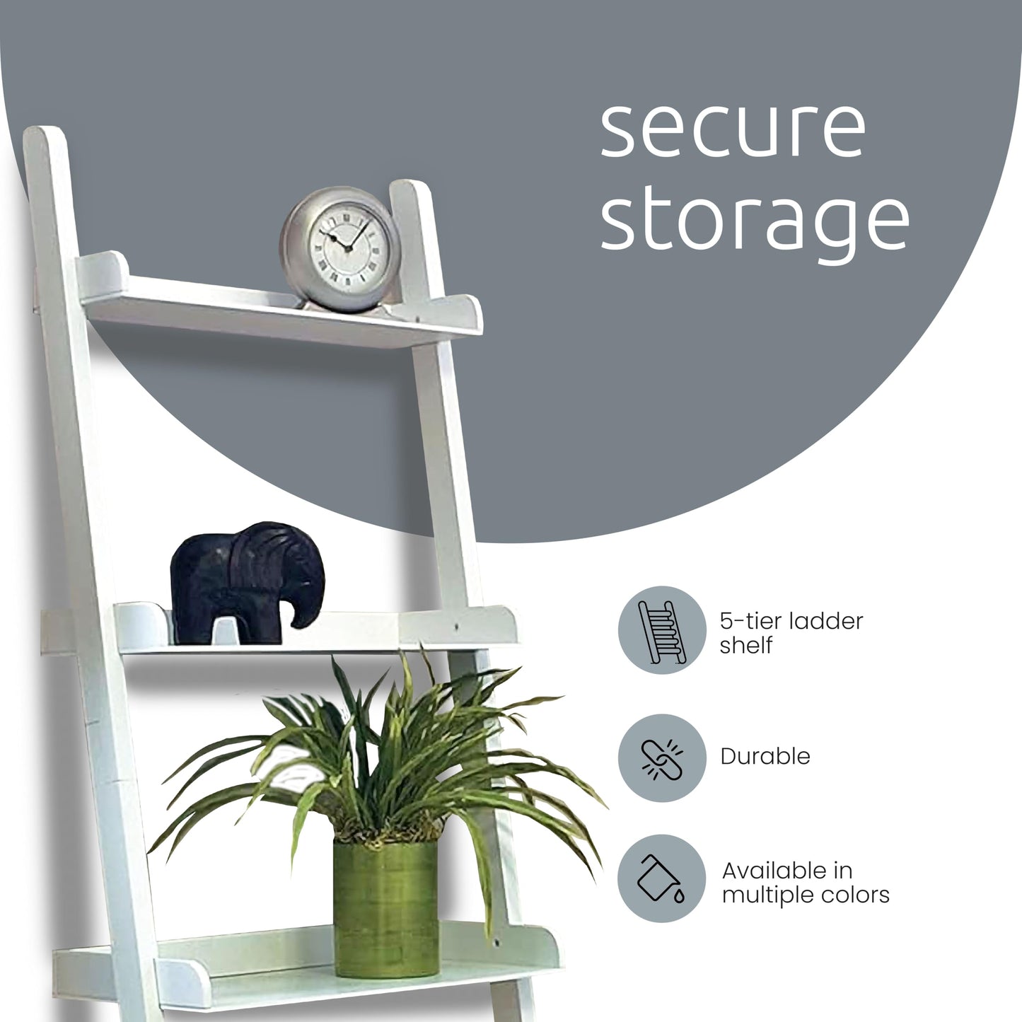 Kiera Grace Providence Hadfield 5 Tier Ladder Shelf, Leaning Bookshelf Storage Rack for Home, Office, 18" x 67", Medium Grey