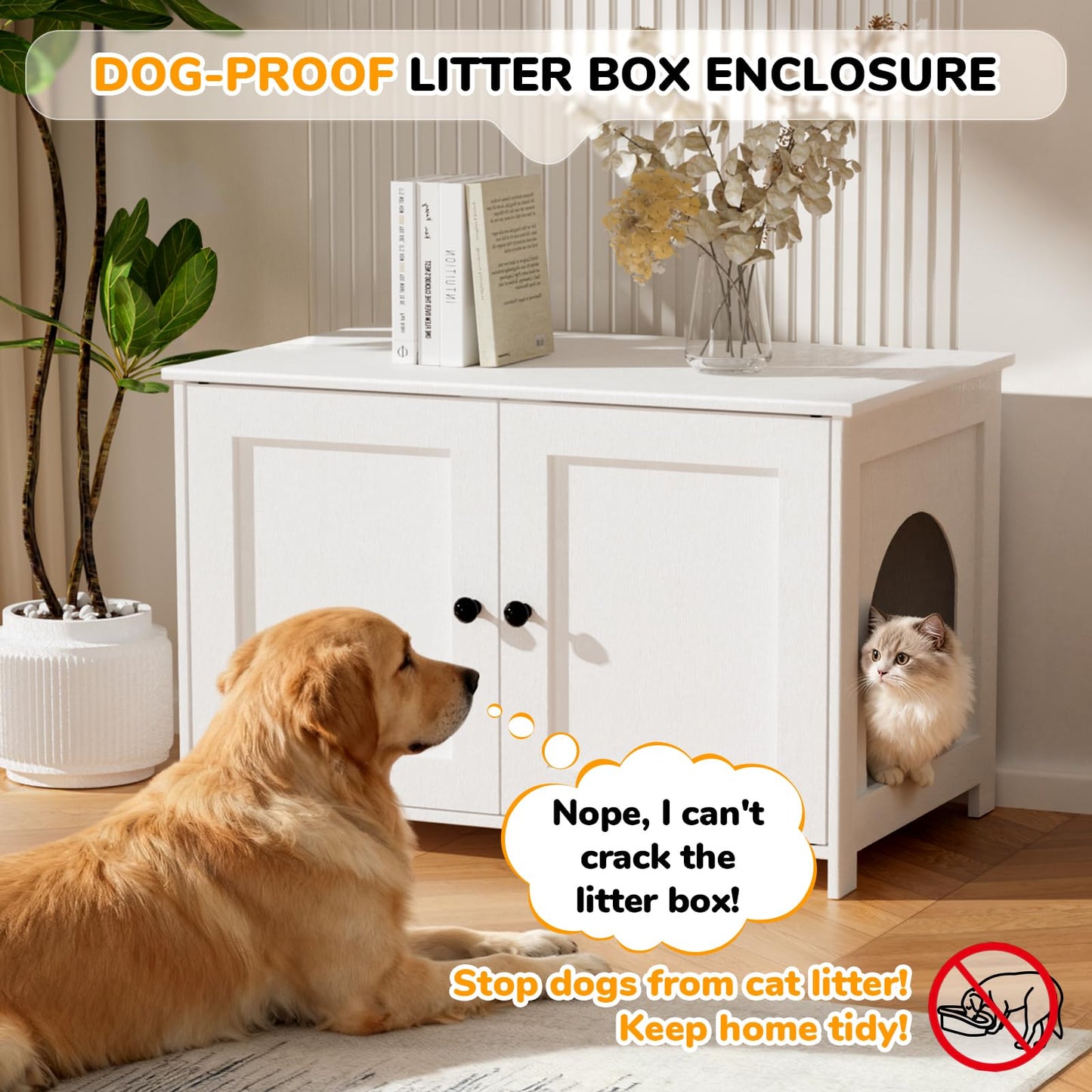 Fecuria Cat Litter Box Enclosure Furniture Dog Proof, Hidden Kitty Washroom Cabinet Low Entry, Wooden Cat Boxes Enclosure Odor Control for Home, Farmhouse Style Decorative TV Stand with Storage, White