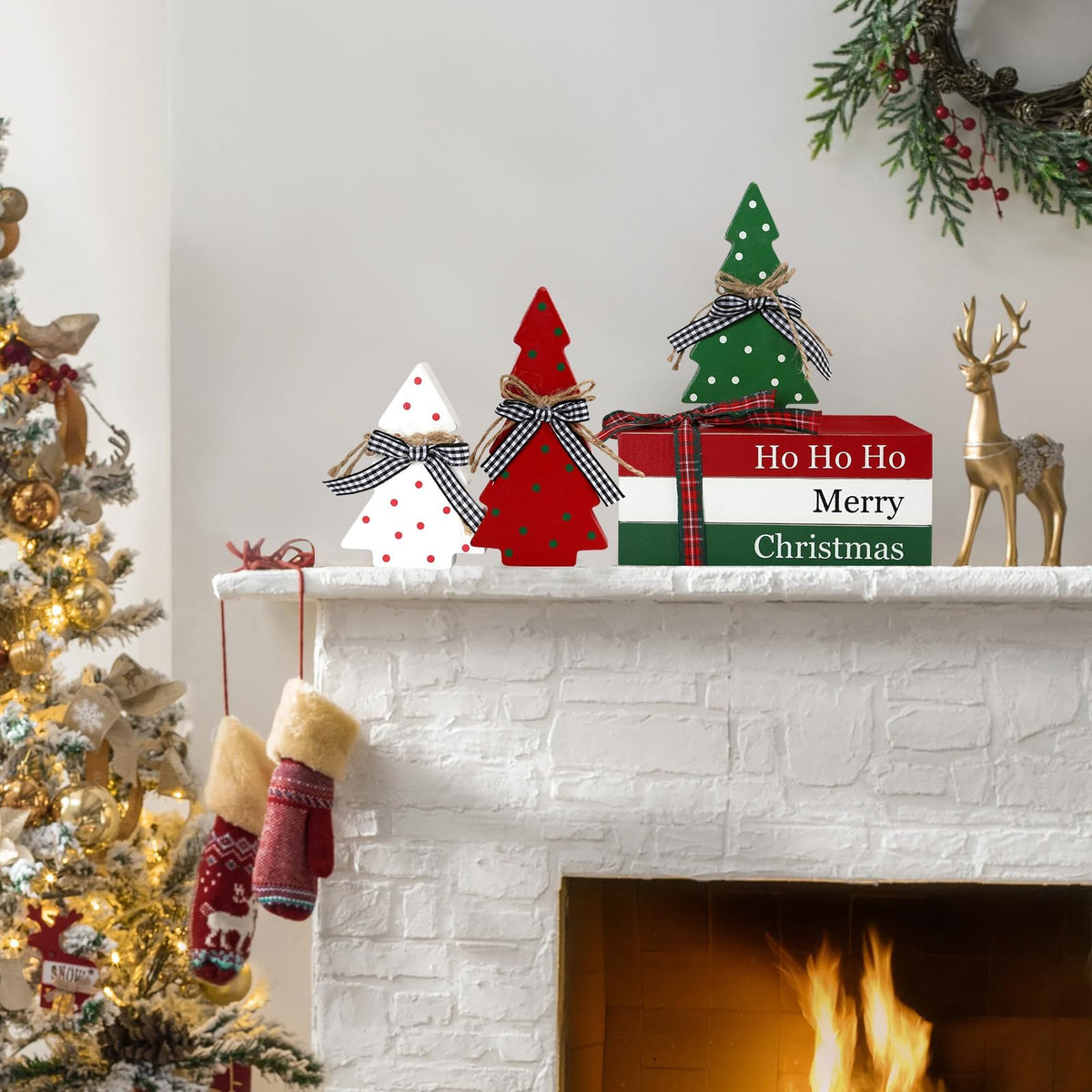 Christmas Decoration 6PCS Table Centerpieces, Tabletop Christmas Decor for Tiered Tray Shelf Mantel Fireplace Coffee Bar Office Desk Farmhouse Xmas Holiday Decoration Wood Faux Book and Tree Sign