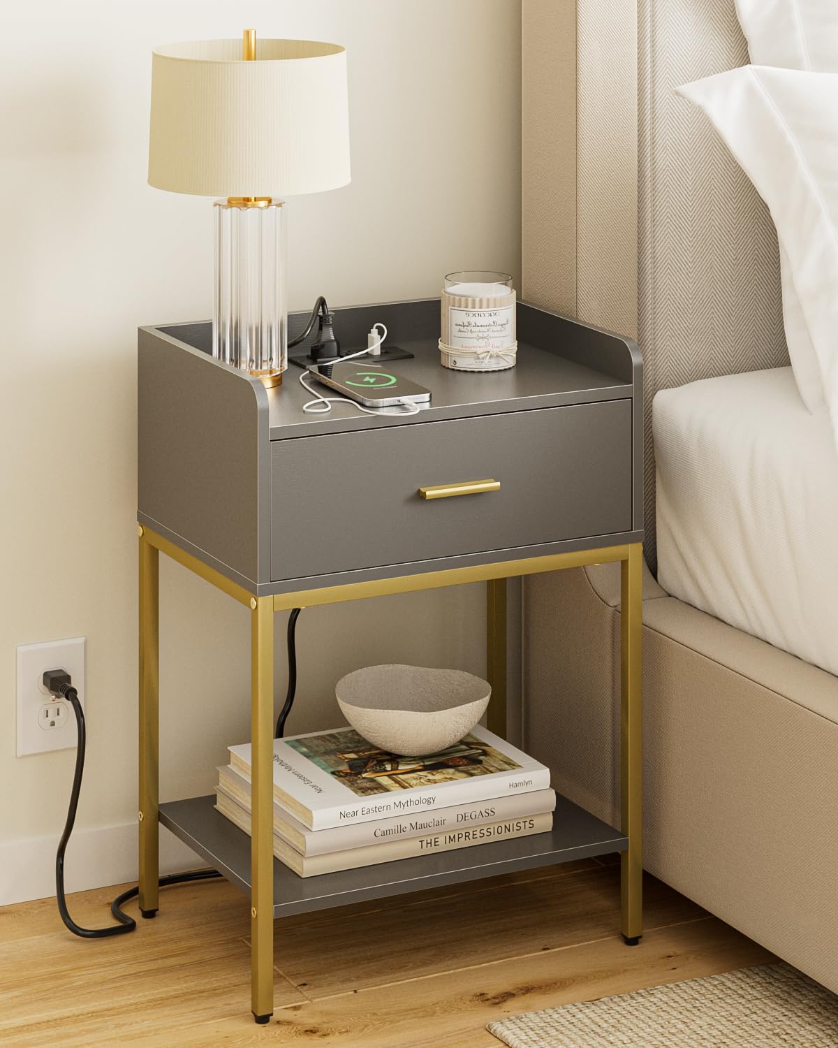 Apetaccat Nightstand with Charging Station,3-Tier Bedside Table for Small Space,Modern Night Stand with Storage Drawer and Shelf,Small Side Table for Bedroom,Living Room,Gray