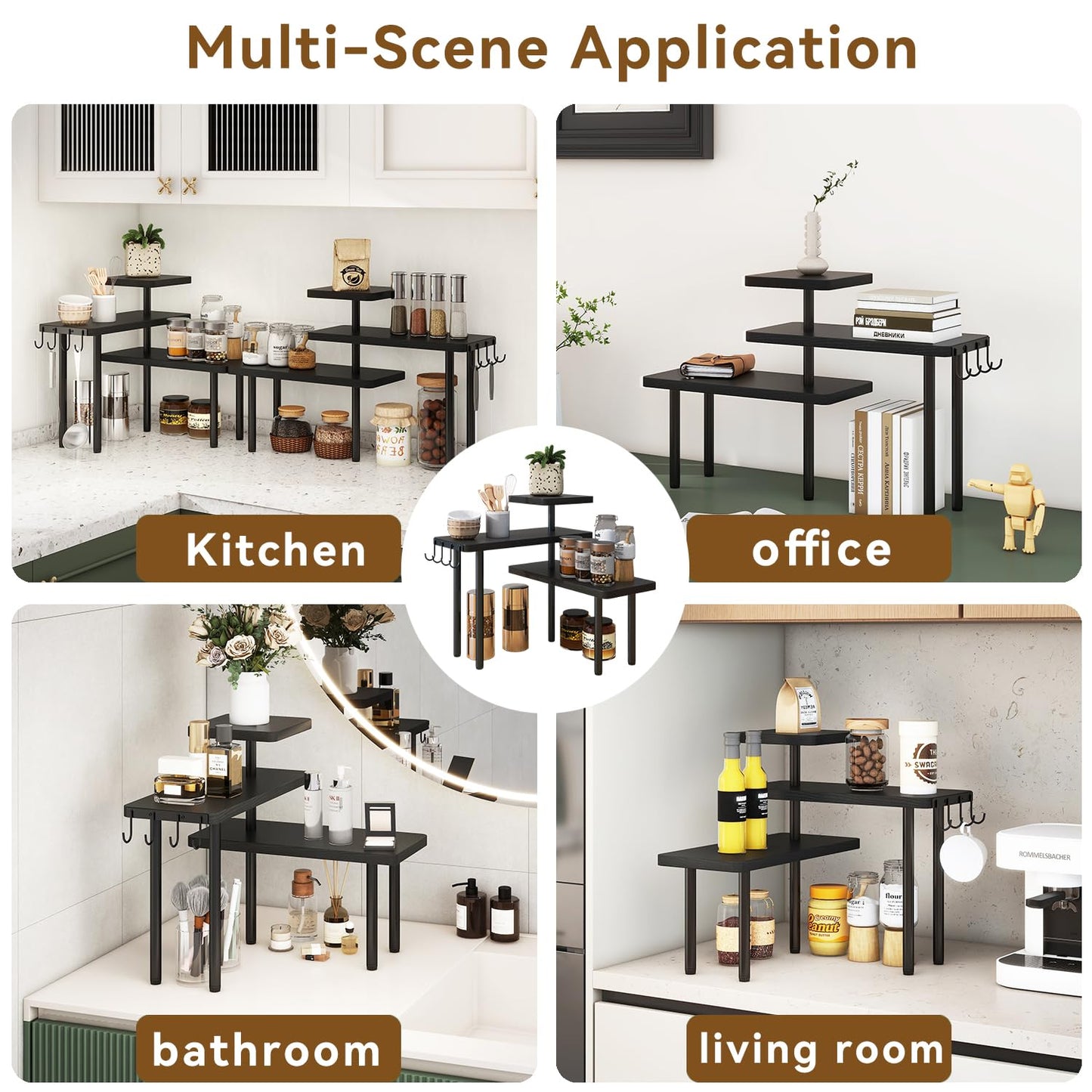 IBUYKE Countertop Organizer,3-Tier Spice Racks,Kitchen Counter Corner Shelf,4 Side Hooks,Adjustable Countertop Shelf for Kitchen, Bathroom, Coffee Bar, Cabinet, Desk,Black,TLJ023B