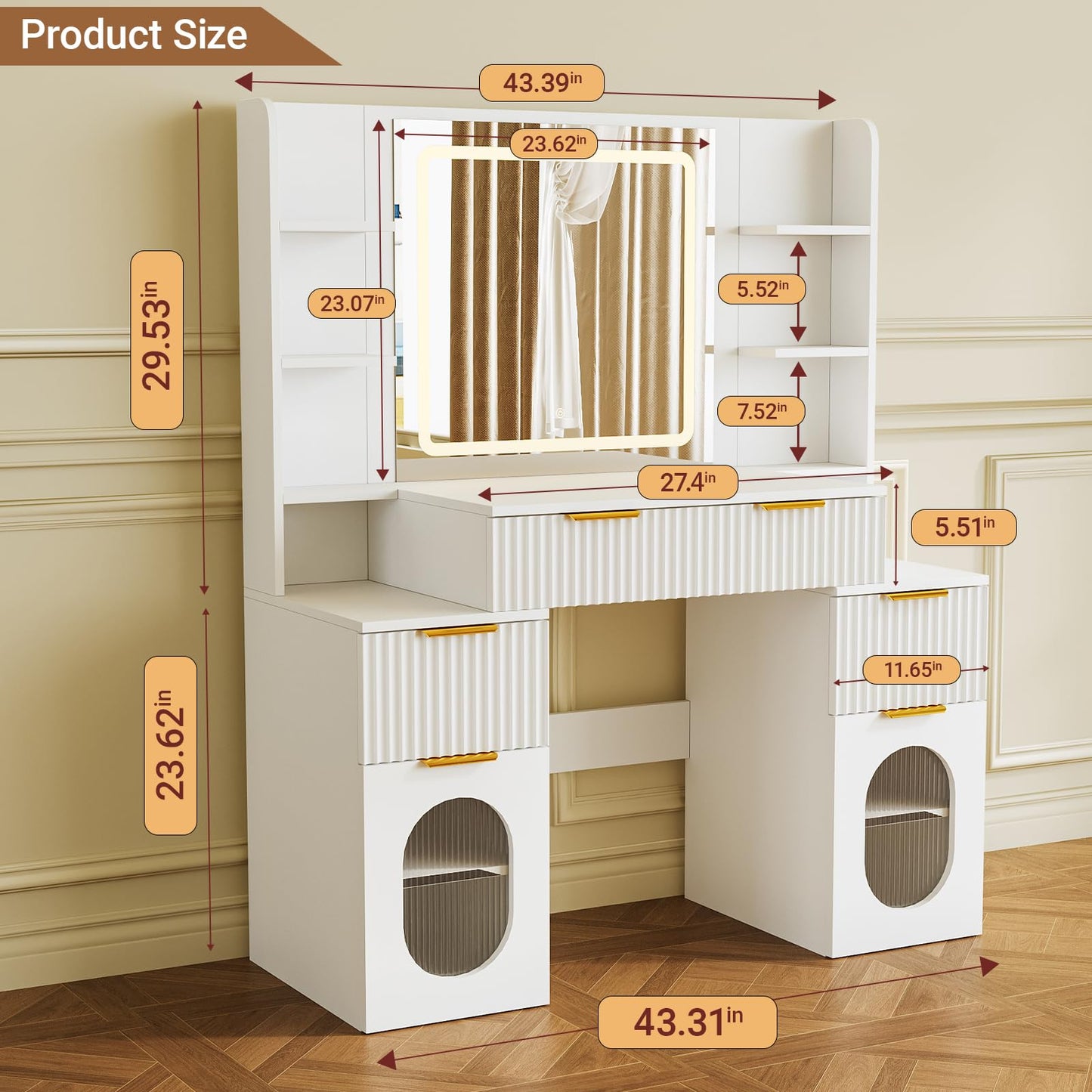 Mojztezy White Vanity, 3 LED Light Modes, 6 Shelves, 3 Drawers, 2 Adjustable Shelves Cabinets, with Mirror & Power Outlets Hair Tool Holder, Dormitory Apartment Bedroom Dressing Table