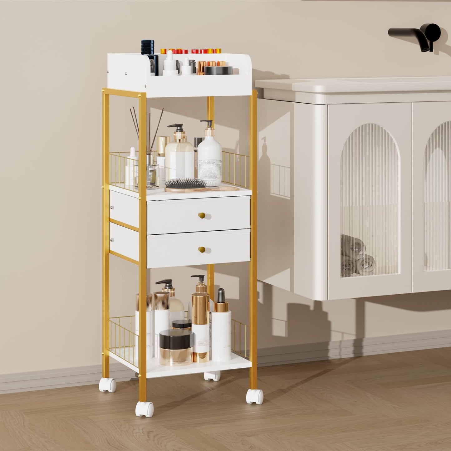 Makeup Organizer Cart Shelf Floor Skincare Organizers Make Up and Station Storage Cabinet For Vanity Standing Cosmetics With Drawers and Wheels For Nail Polish Perfume Hair Tool Holder Beauty(Gold)