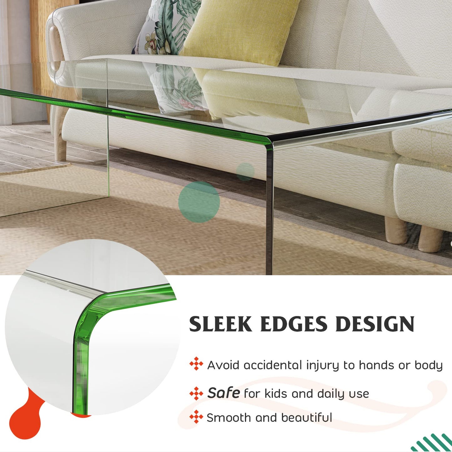 ReunionG Glass Coffee Table, Modern Clear Coffee Table with Rounded Edges, Transparent Tempered Glass Coffee Table, U-Shaped Side Table for Living Room Office, 42.5" x 20" x 14" (L x W x H)