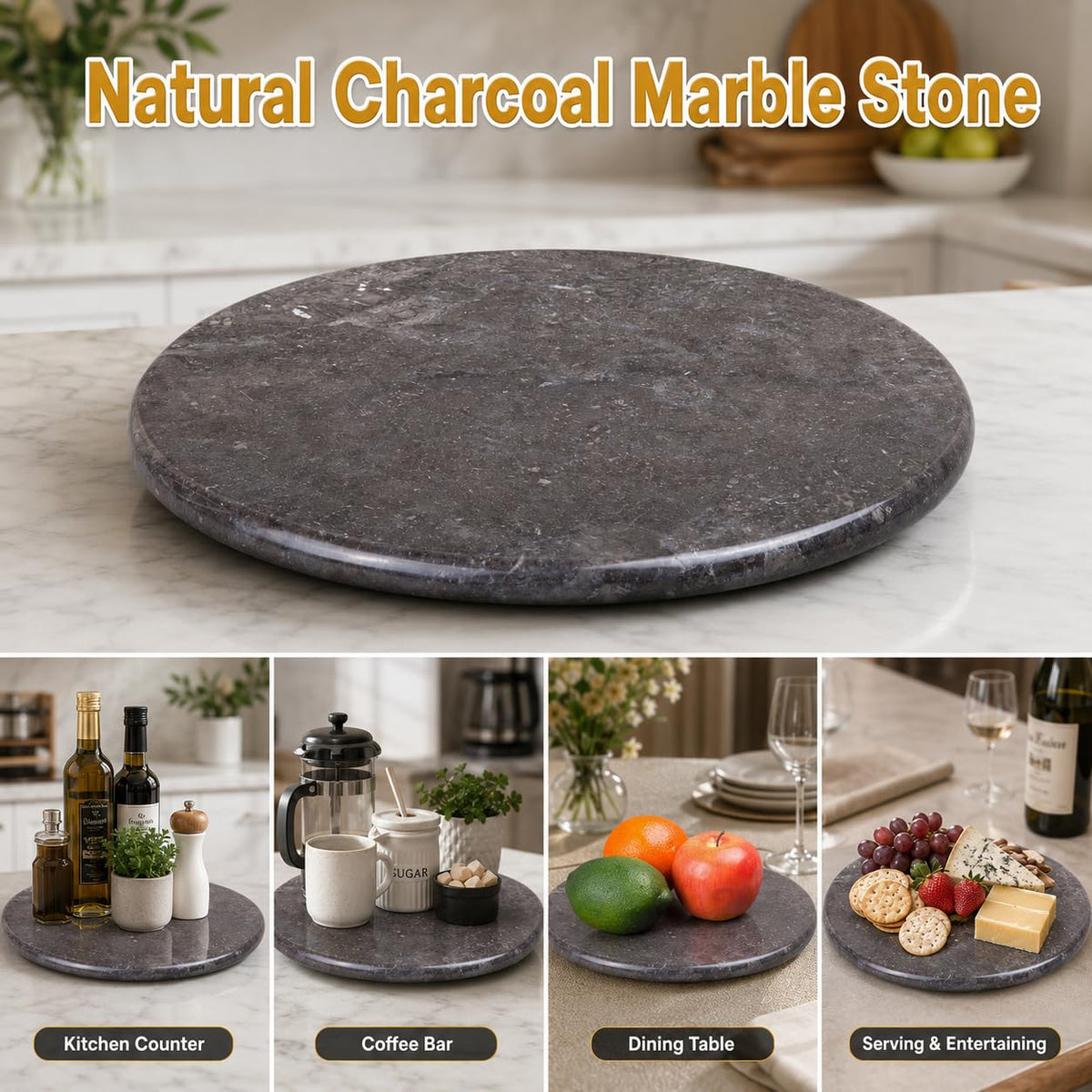 Creative Home 12 Inch Natural Charcoal Marble Cheese and Charcuterie Board