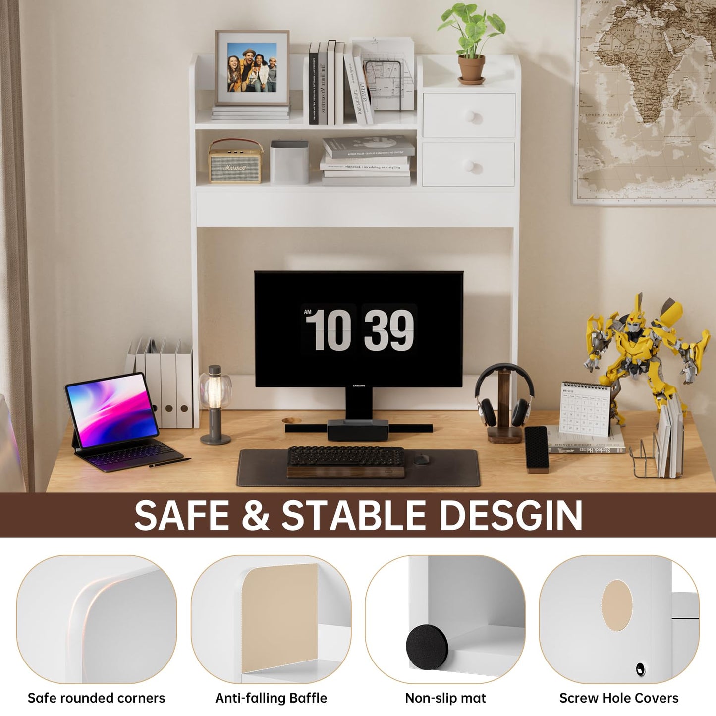YGYQZ 2 Tier Desktop Bookshelf, Countertop Storage Hutch for Computer Desk, Desk Organizer Shelf with Vertical Storage, Multi-Functional Wood Desk Hutch for Home Office & Dorm, White