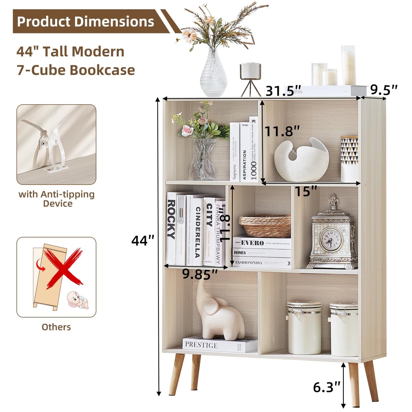 LEYAOYAO Cube Bookshelf 3 Tier Mid-Century Light Grey White Modern Bookcase with Legs,Retro Wood Bookshelves Storage Organizer Shelf,Freestanding Open Book Shelves for Bedroom,Living Room,Office