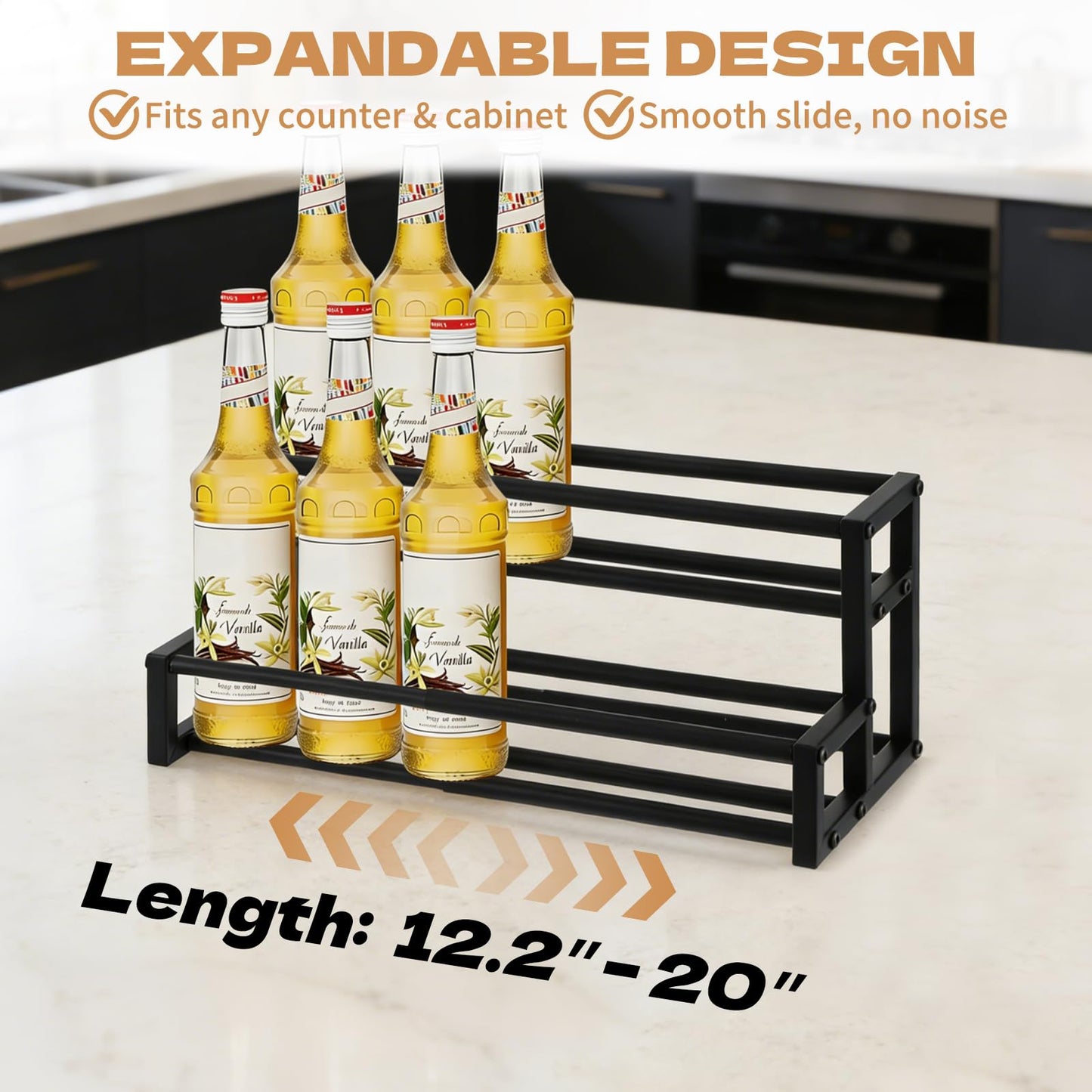 MegoSage Expandable Coffee Syrup Organizer – Adjustable 12.6"–22.8" Metal Liquor Bottle Display Shelf, Heavy Duty Coffee Bar Storage, Tabletop Wine Racks for Cafe, Home Bar, Kitchen (Black)