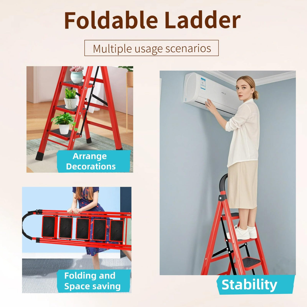 5 Step Folding Ladder, Portable and Compact, Anti-Slip Multi-Use Household Step Ladder for Home, Kitchen, Office, and Garage – Easy Storage, Sturdy and Durable
