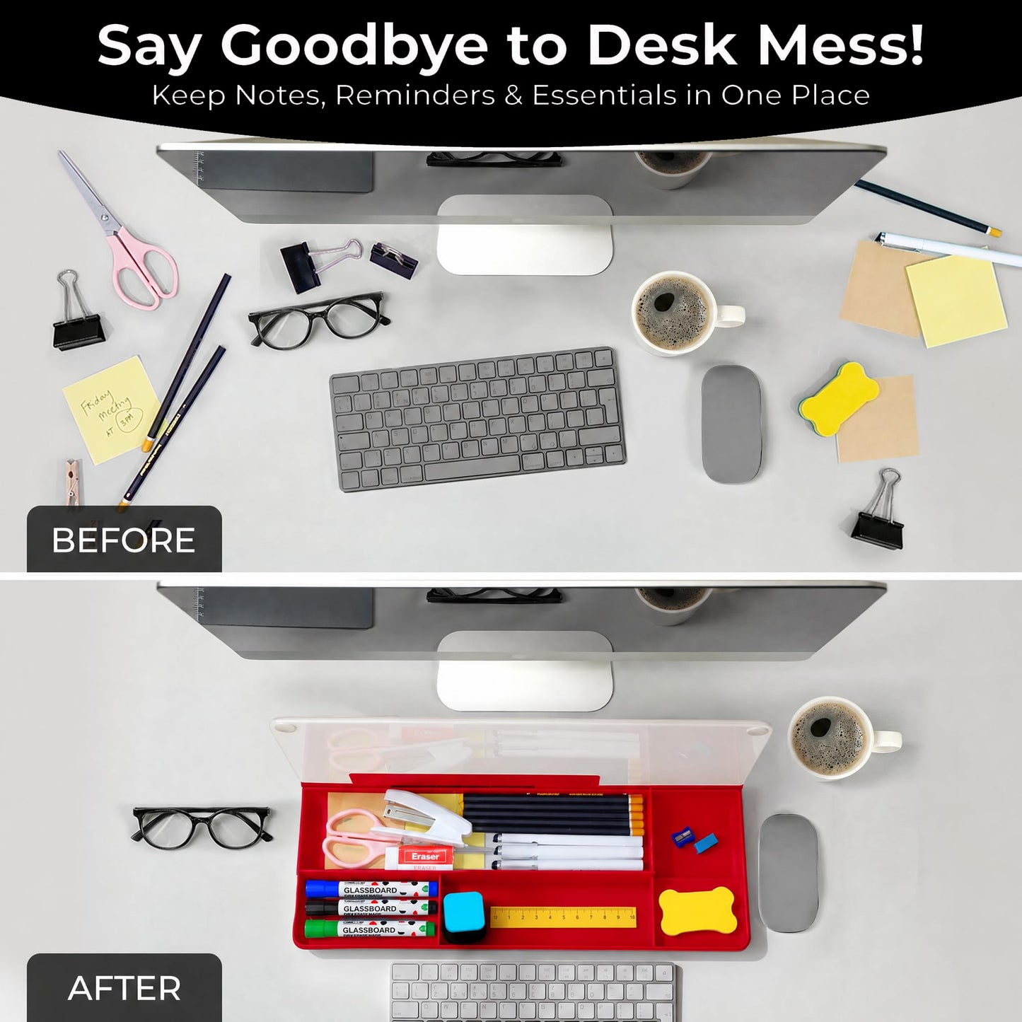 Chalkola Red/White Glass Desktop Whiteboard with Storage - Dry Erase Board, Work Desk Organizers, Computer Keyboard Stand, Home Office Desk Accessories, Workspace Desktop Buddy
