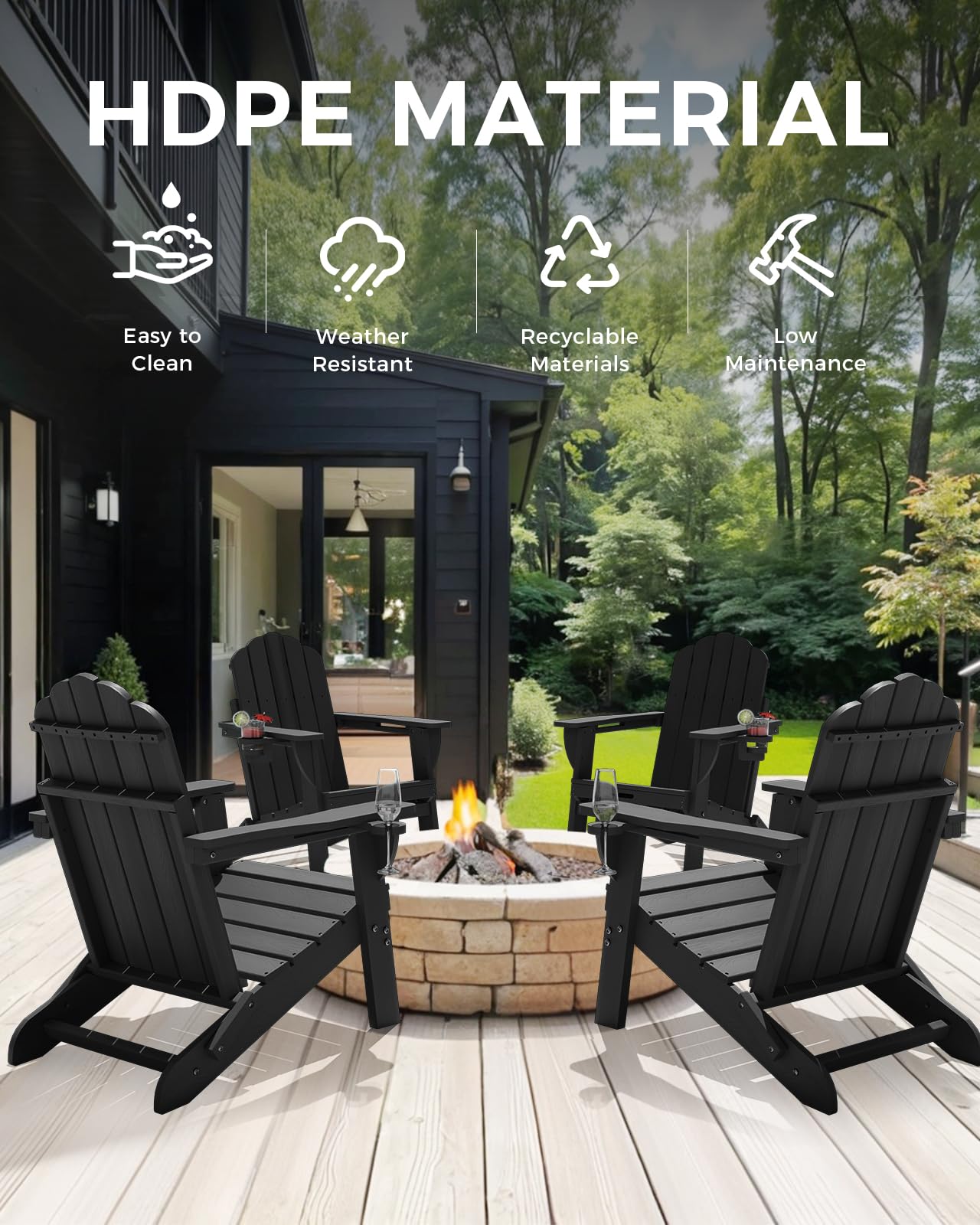 Eesdom Folding Adirondack Chair, All-Weather HDPE Plastic Patio Chair with 2 Cup Holders, Wooden Textured Lawn Chair, Perfect for Fire Pit,Black