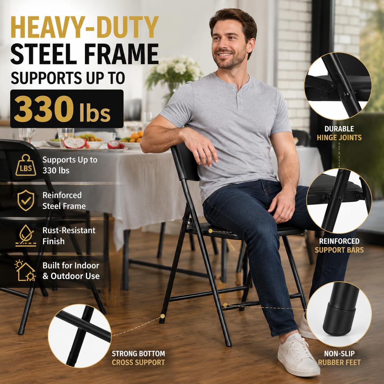 New Home Era Plastic Folding Chairs Heavy-Duty Foldable Chairs Indoor/Outdoor, Portable Dining Chair for Kitchen, Patio, Garden, Party Events – Stackable, Space-Saving Folding Chair (Black, 4 Pack)
