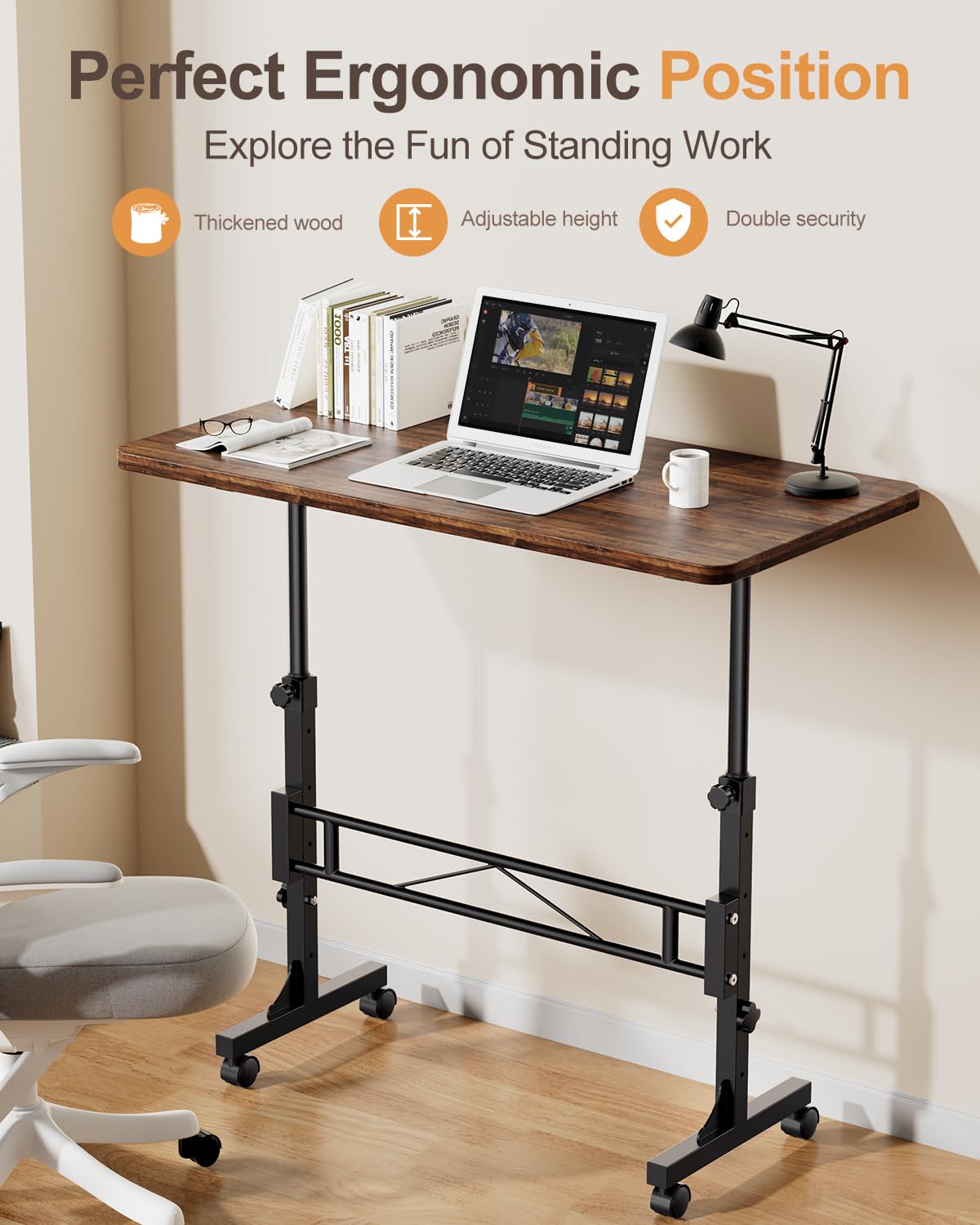 Amztabler Small Standing Desk Adjustable Height, Mobile Stand Up Desk with Wheels, 32 Inch Portable Rolling Desks Conference Room Tables for Walking Pad Treadmill Wood Rustic