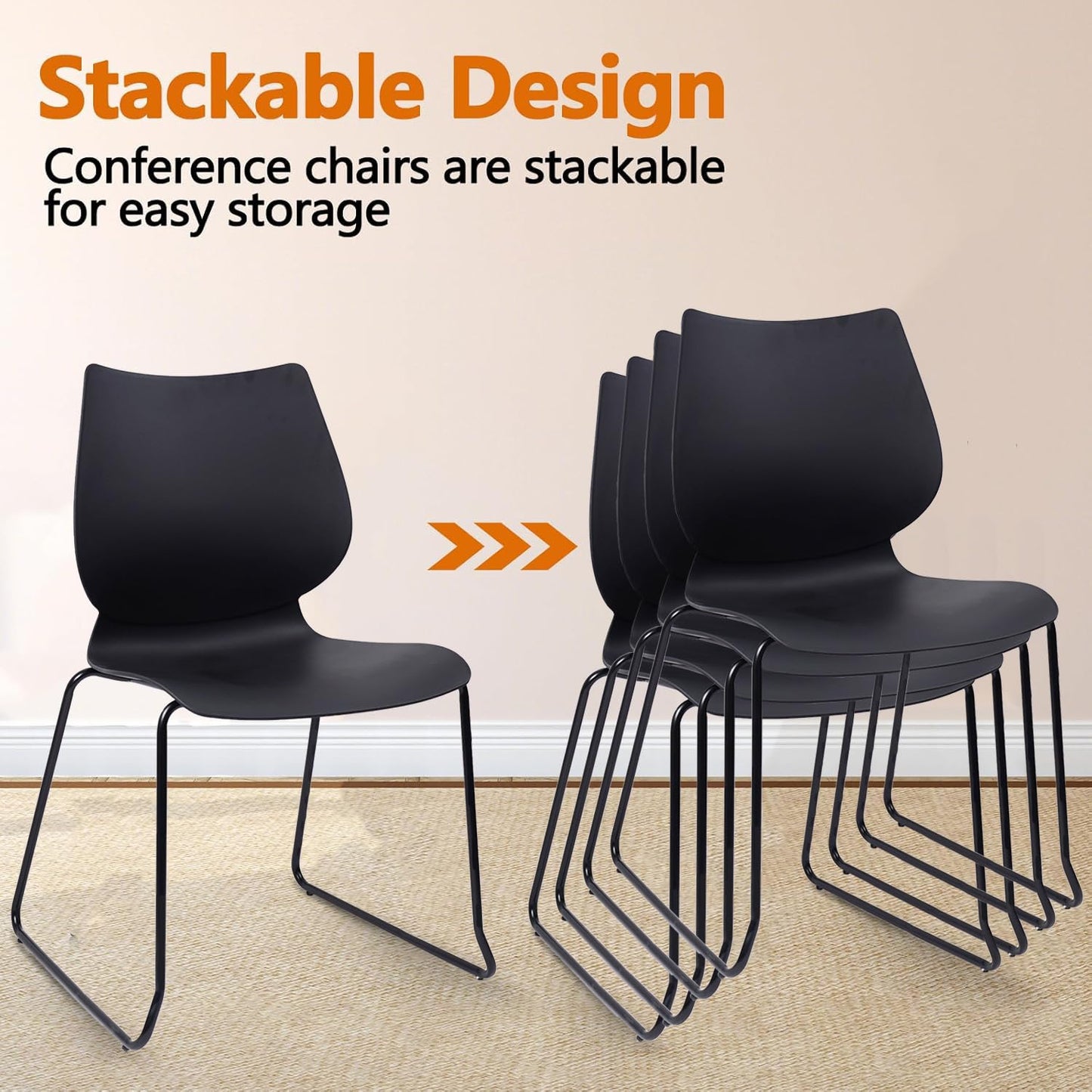 KLASIKA Stackable Waiting Room Chair, Stacking Office Chair with Ergonomic Lumbar Support and Metal Legs, Plastic Desk Chairs for Conference School Church Guest Reception Set of 4, Black