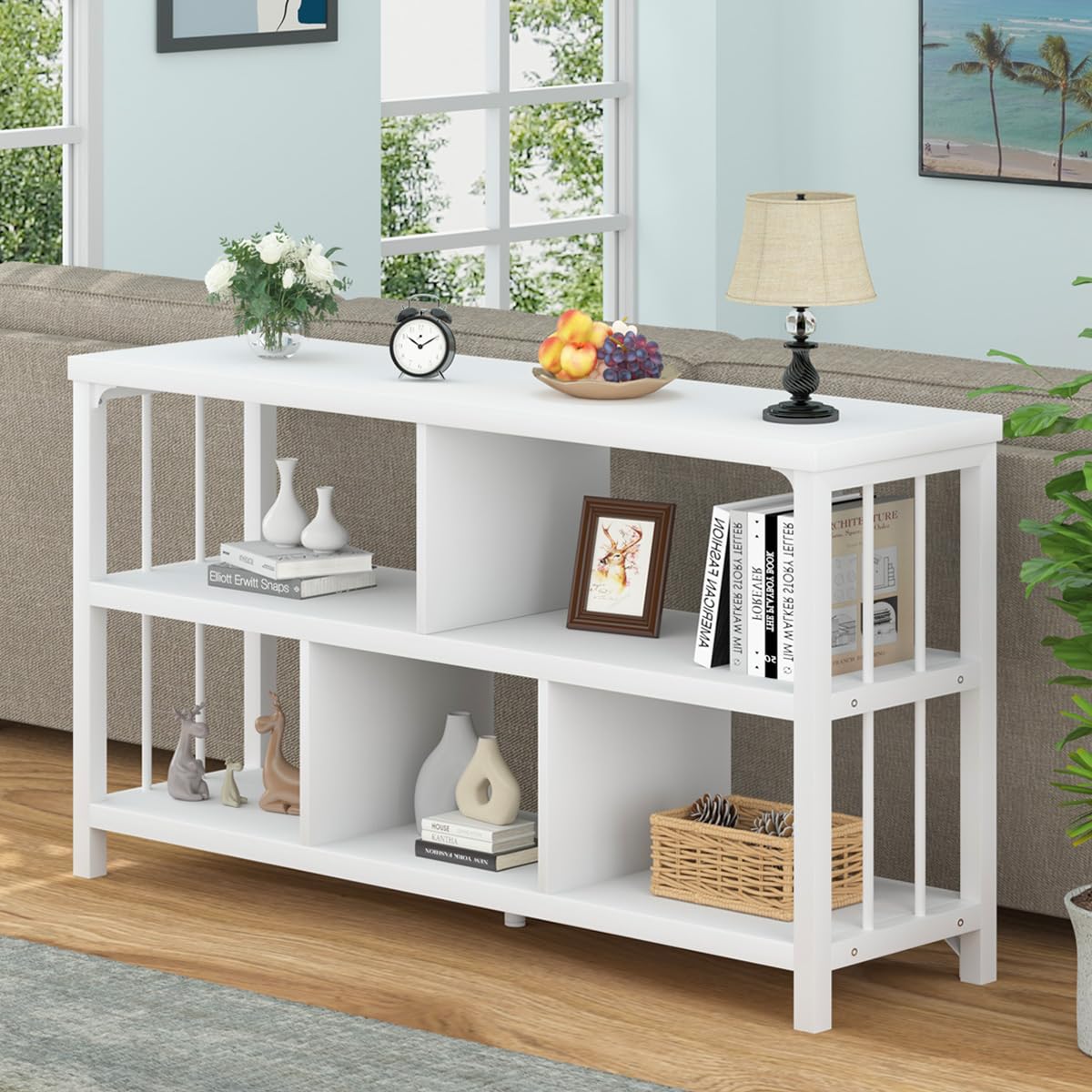IBF White Wood Bookshelf, Industrial Horizontal Cubby Book Shelf, Low Open Shelf Bookcase for Office Living Room, Modern Short Wide 5 Cube Storage Organizer for Books Display Bedroom, White Oak, 47 In