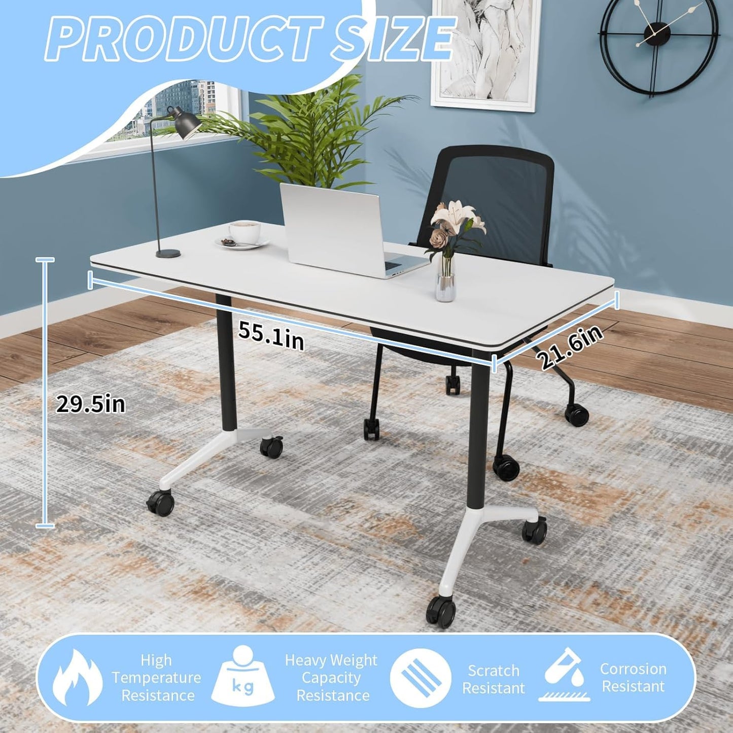NOXMIZ Conference Room Table, Folding Conference Tables with Wheels, Modern Office Meeting Room Table with Strong Metal Frame, Large Business Seminar Furniture for Boardroom, School (6Pack 55.1in)