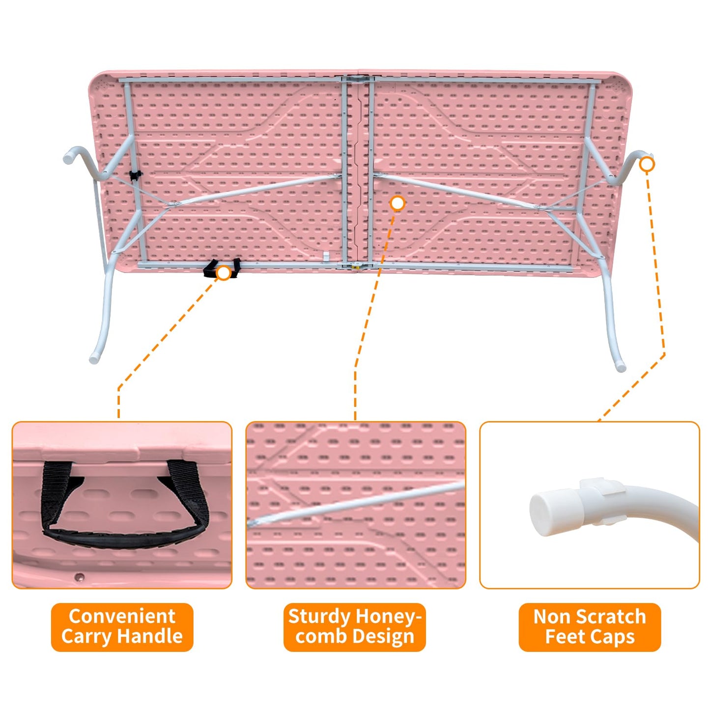 SculPong 6 FT Folding Table with Carry Handle, Portable Fold-in-Half Plastic Table, Rectangle Foldable Table for Indoor/Outdoor Beautiful Pink