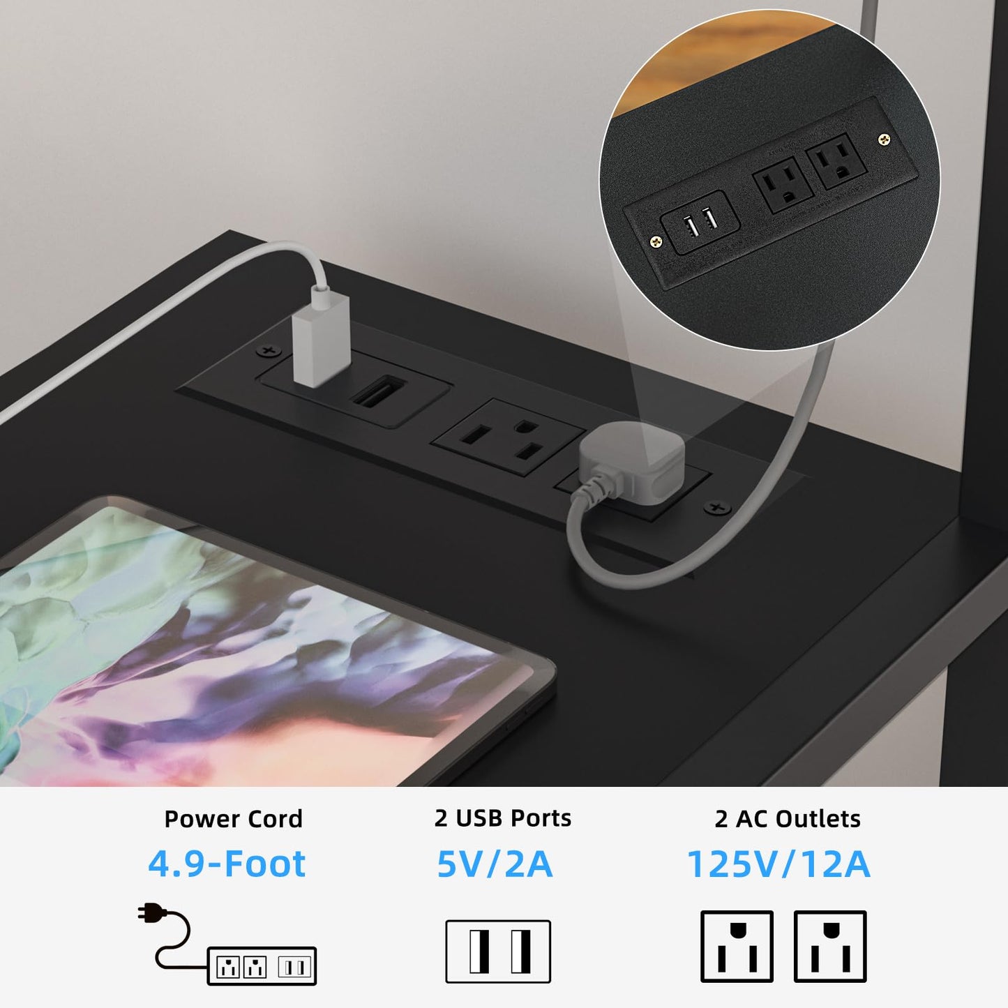 Lerliuo Printer Stand with Charging Station and USB Ports, Large 3-Tier Mobile Printer Table with Storage Shelf, Black Rolling Industrial Printer Cart with Lockable Wheels for Home Office