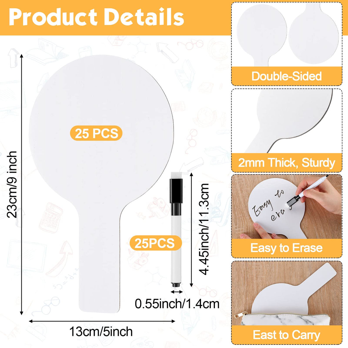 25 Sets 5x9 Inch Answer Dry Erase Paddles and 25 Black Marker Set Handheld Small Dry Erase Board Double Sided Auction Paddles Handheld Whiteboard for Classroom Voting Answering Auction Bidding