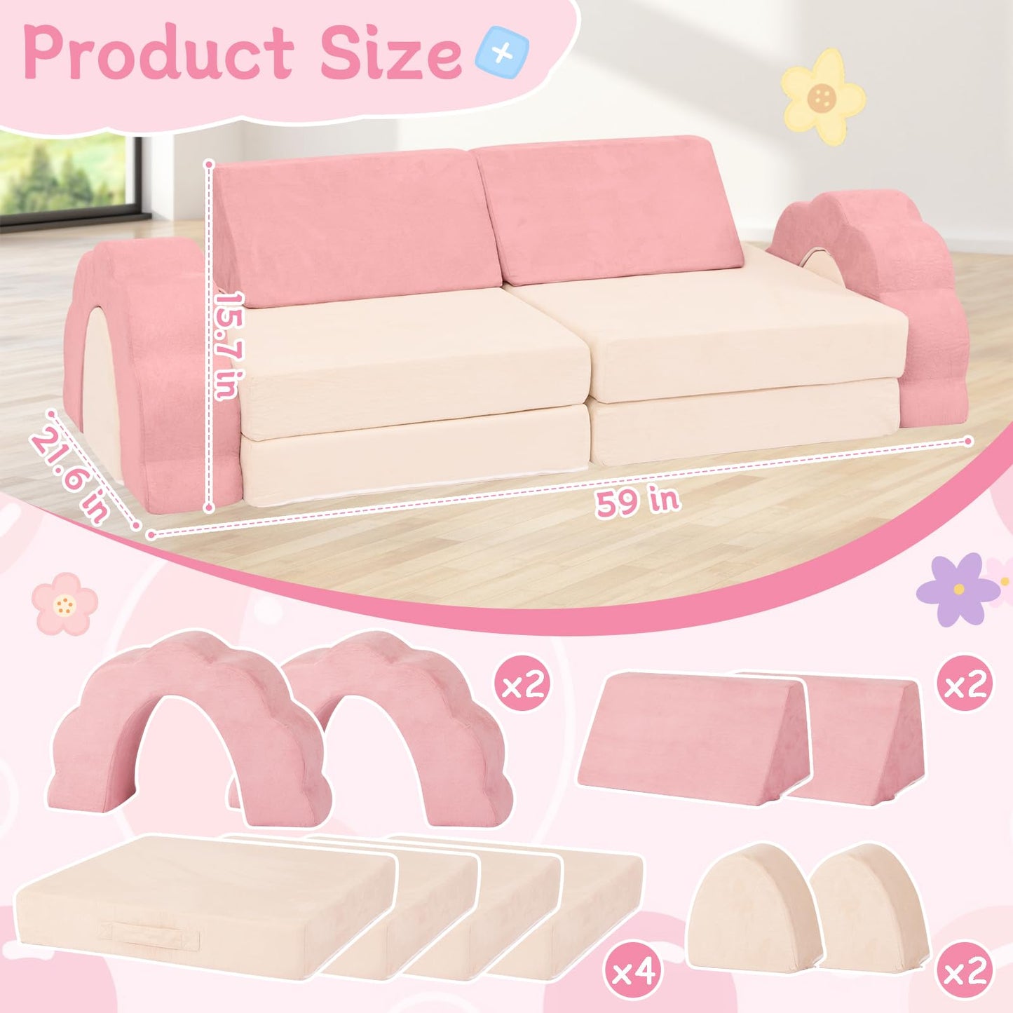 Annualring 10-Piece Mini Kids Play Couch, Modular Flower Foam Sofa, Convertible Soft Play Sofa with Washable Cover, Indoor Climbing Furniture for Playroom, Pink & Beige