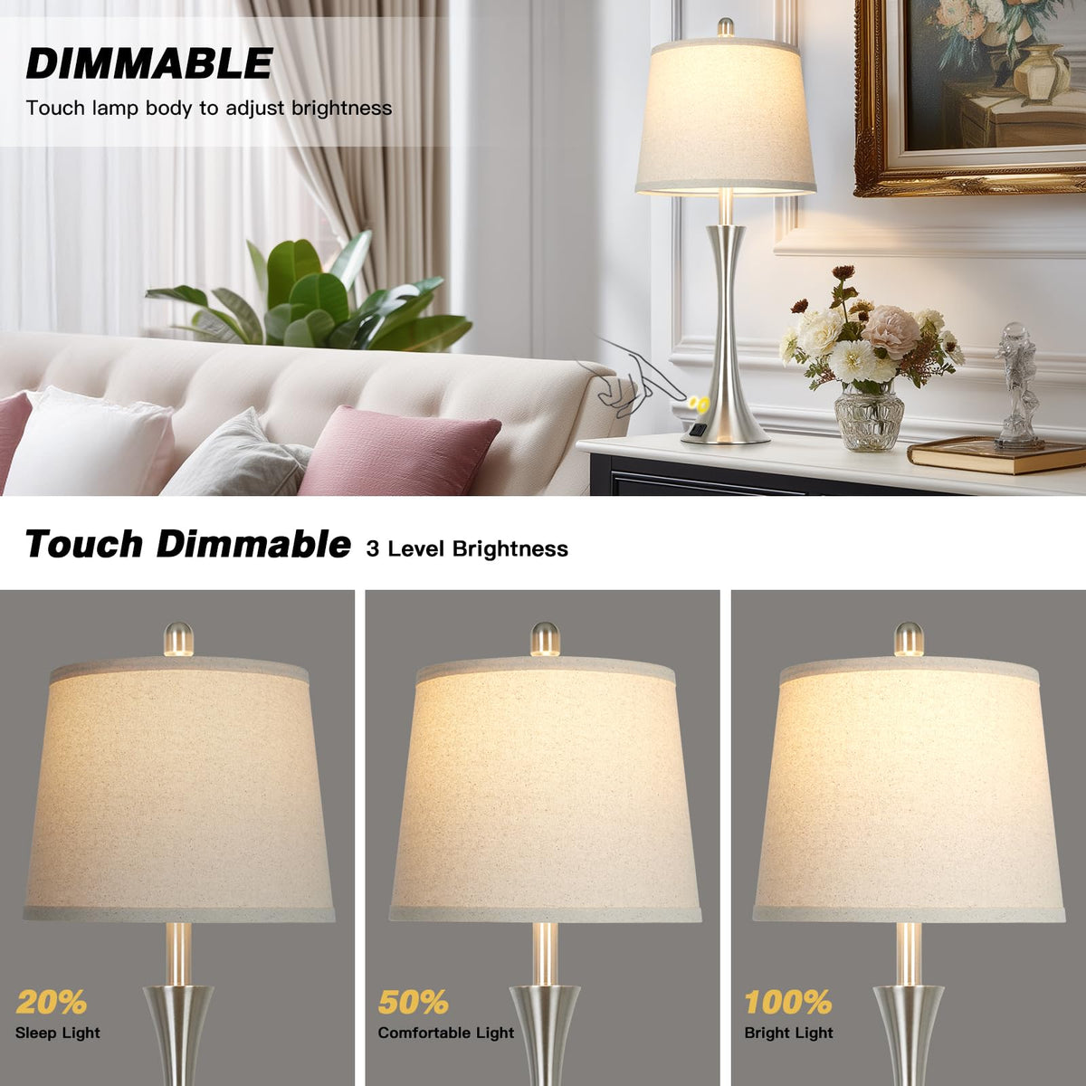 Rinweey 27.5" Silver Table Lamps, Touch Bedside Lamps with USB C+A Ports, 3 Way Dimmable Nightstand Lamps for Bedroom, Living Room, Office, Silver Lamp with Beige Lampshade, Bulbs Included (1 Pack)