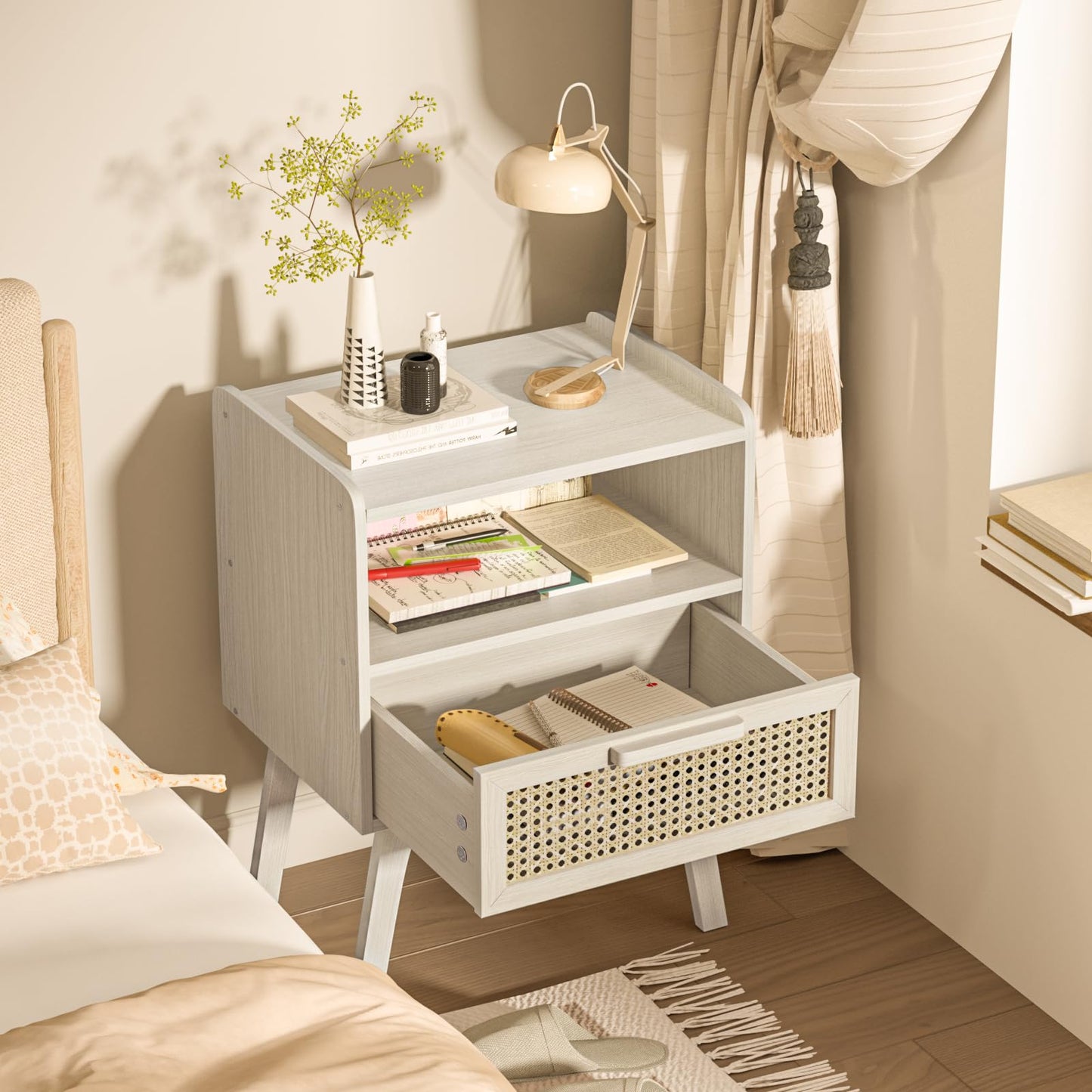 Lerliuo Rattan Nightstand, Side Table with Drawer Open Shelf, Cane Accent Bedside End Table with Solid Wood Legs, Mid Century Modern Night Stand for Bedroom, Dorm and Small Spaces (Grey White)