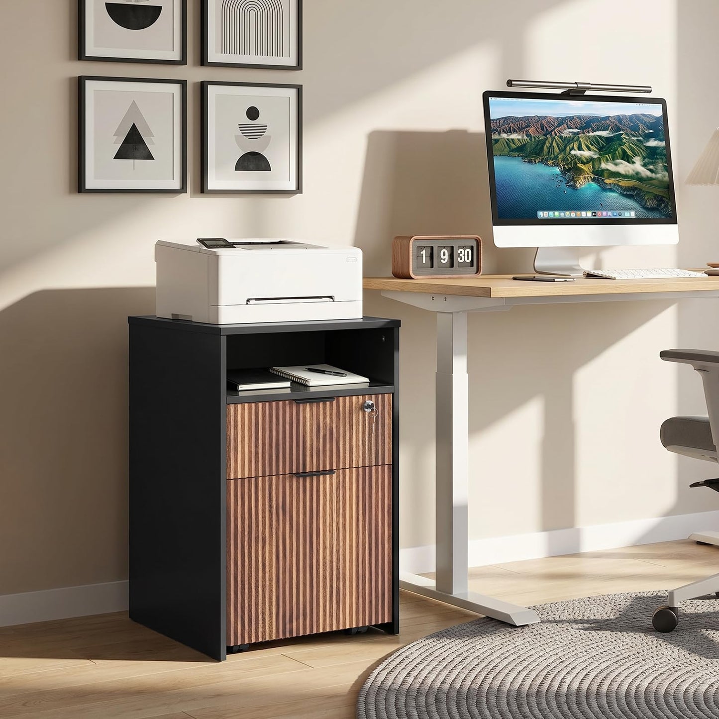 CHOEZON File Cabinet, Fluted File Storage Cabinet with Lockable Drawer, Rolling Storage Cabinet on Wheels, Under-Desk Storage, Printer Stand, for Office and Study, Black and Dark Walnut MWJ07BL
