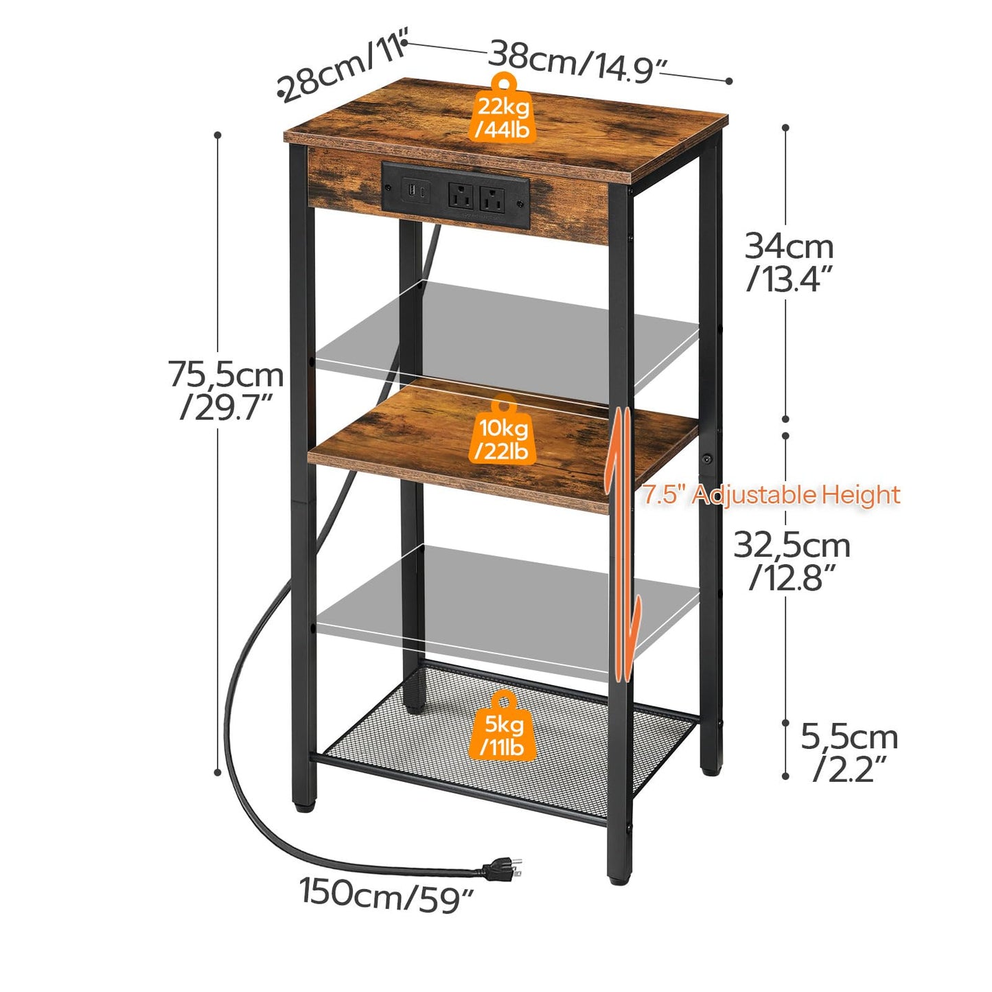 HOOBRO Tall End Table with Charging Station, 30 Inch Slim Tall Nightstand, 3-Tier Narrow Side Table with Adjustable Shelf, for Living Room, Bedroom, Small Space, Hallway, Rustic Brown BF09UDH01G1