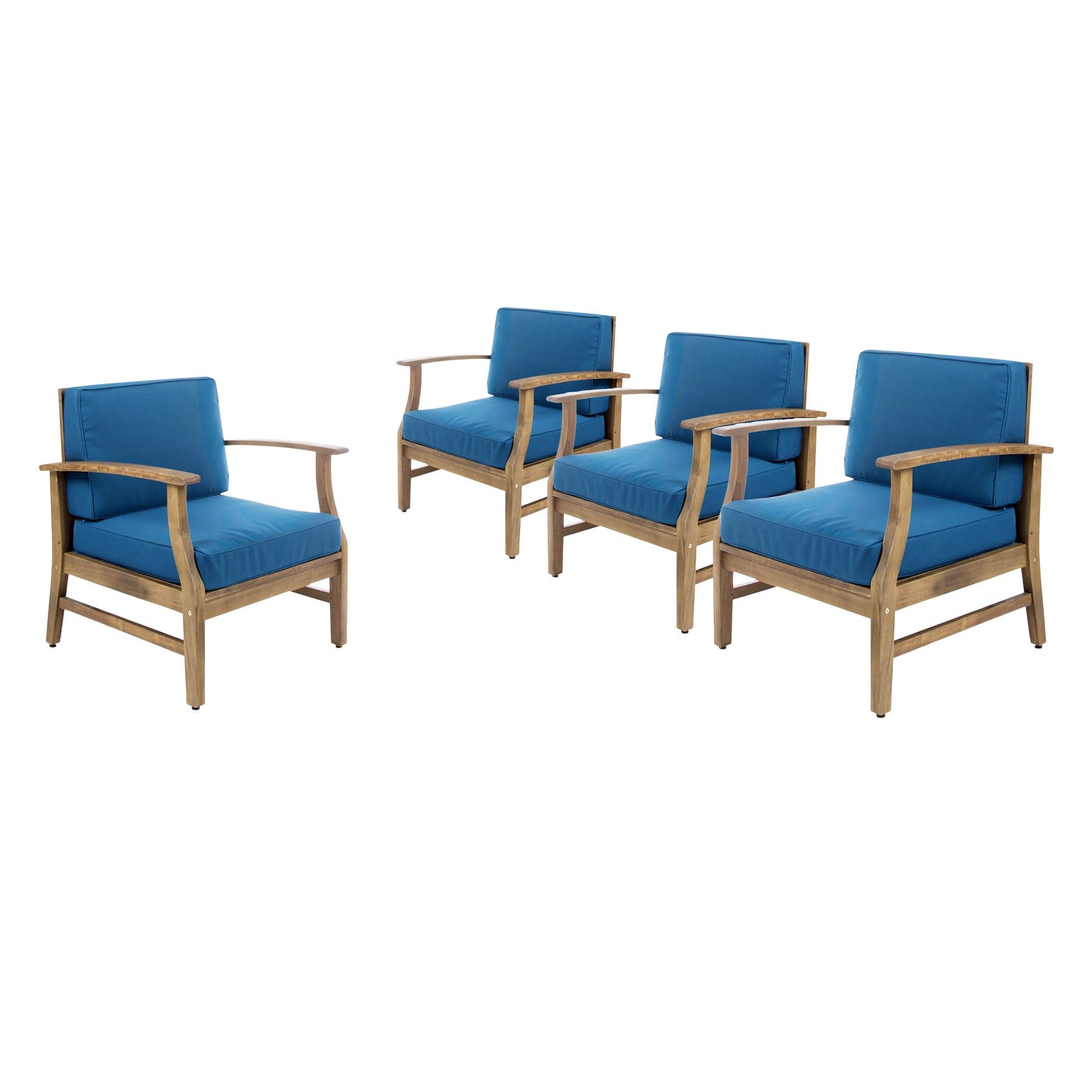 Christopher Knight Home Perla Outdoor Acacia Wood Club Chairs with Water Resistant Cushions (Set of 4), 4-Pcs Set, Teak Finish/Blue